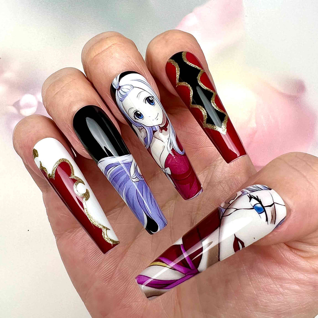 Mirajane Strauss Nails – Fairy Tail Press-On Set, Satan Soul Red &amp; Black Demon Anime Design | Dragonnail