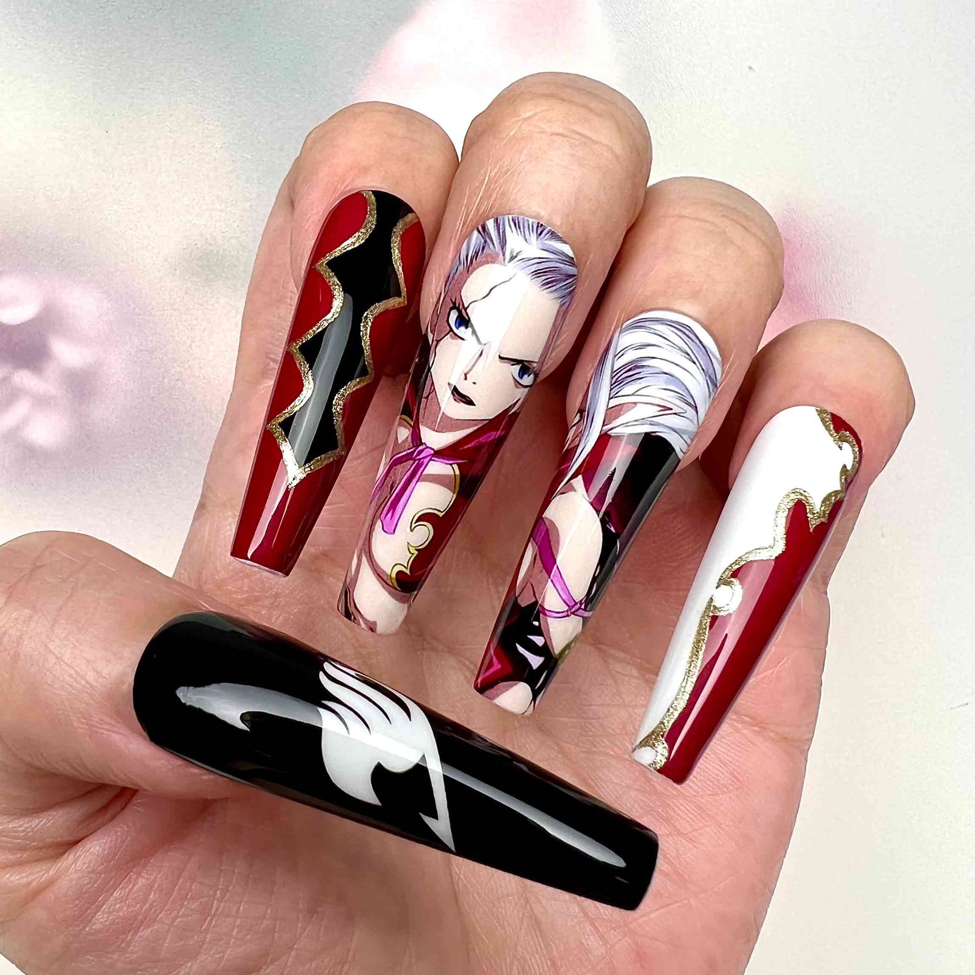 Mirajane Strauss Nails – Fairy Tail Press-On Set, Satan Soul Red &amp; Black Demon Anime Design | Dragonnail