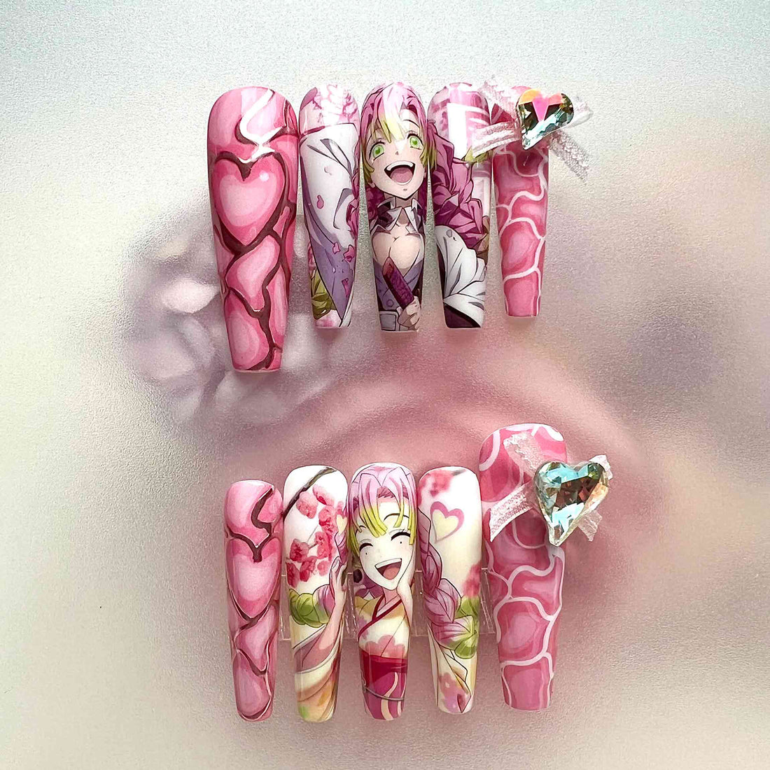 Mitsuri Kanroji Nails – Demon Slayer KNY Press-On Set, 3D Heart Gem &amp; Pink Love Hashira Design | Dragonnail