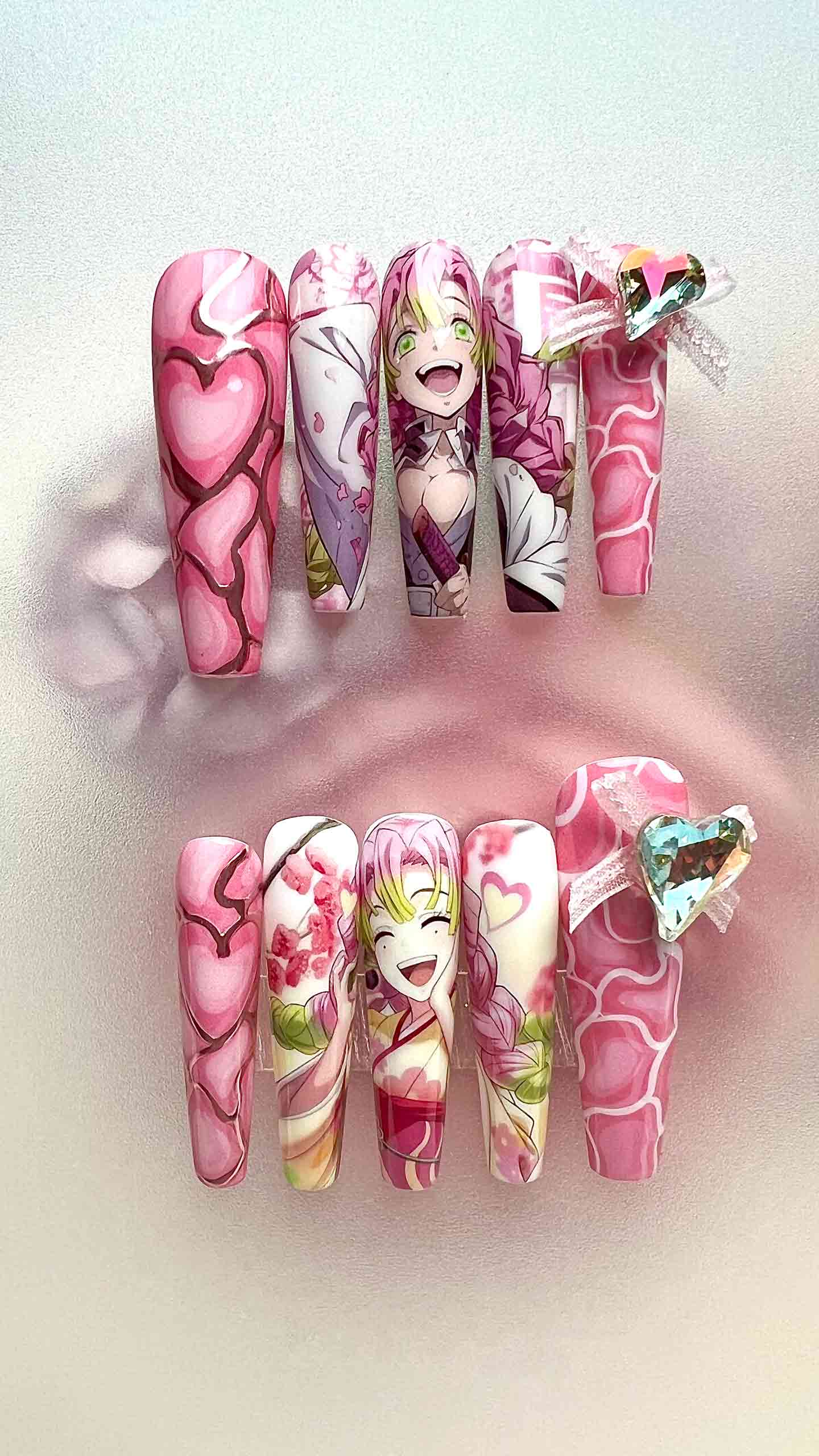 Mitsuri Kanroji Nails – Demon Slayer KNY Press-On Set, 3D Heart Gem &amp; Pink Love Hashira Design | Dragonnail