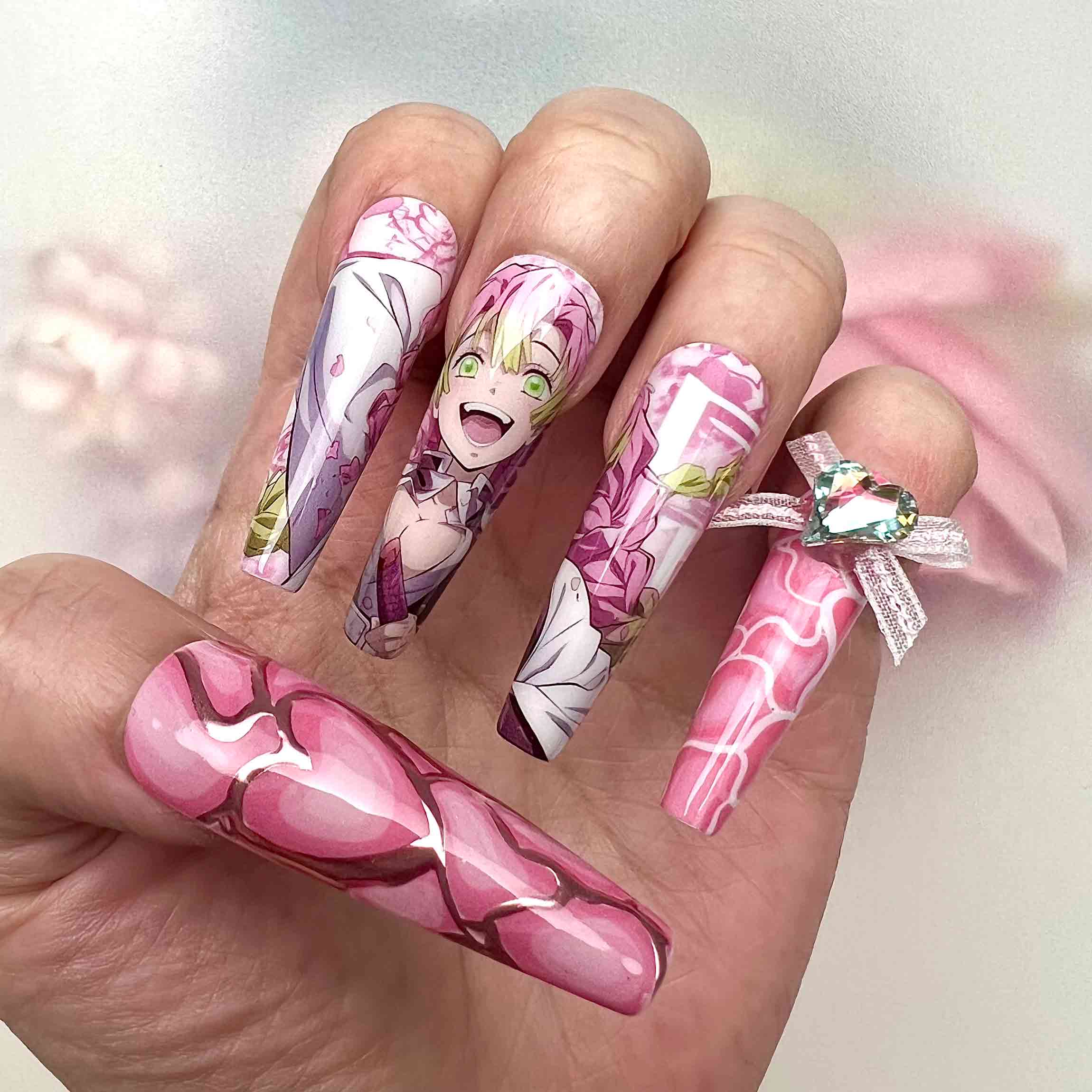 Mitsuri Kanroji Nails – Demon Slayer KNY Press-On Set, 3D Heart Gem &amp; Pink Love Hashira Design | Dragonnail
