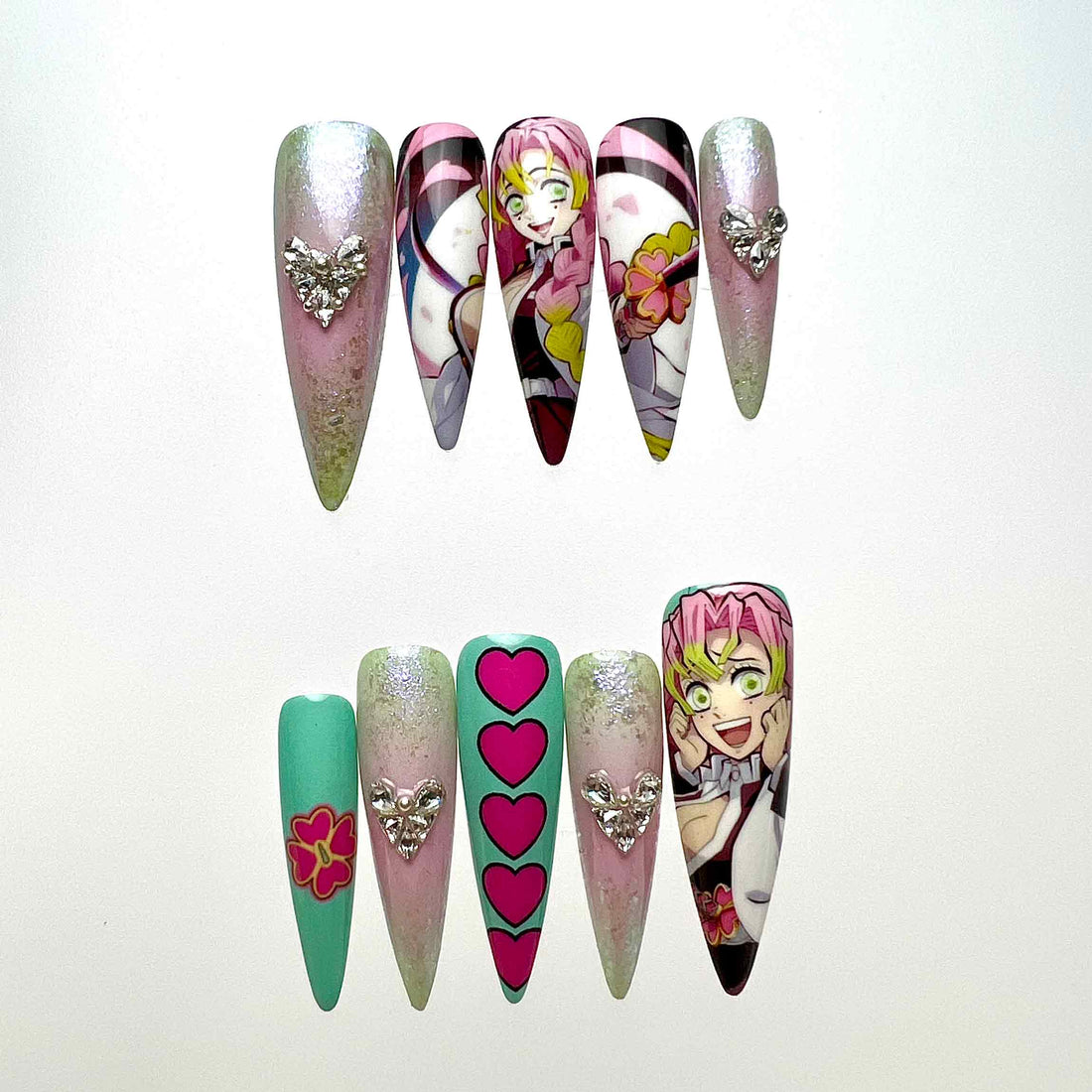 Mitsuri Kanroji Nails – Demon Slayer KNY Press-On Set, 3D Heart Gem &amp; Love Hashira Design | Dragonnail