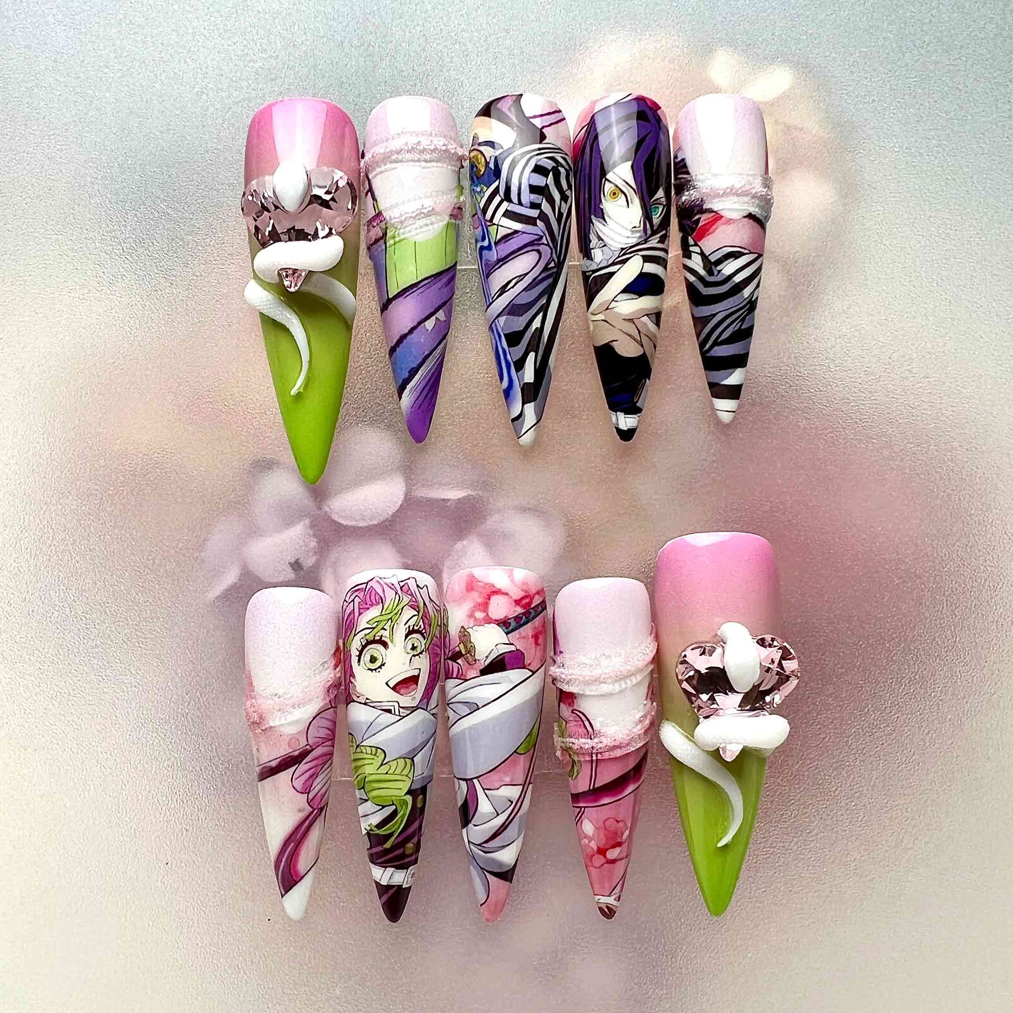 Obanai &amp; Mitsuri Nails – Demon Slayer KNY Press-On Set, 3D Snake &amp; Bow "Obamitsu" Split Design | Dragonnail