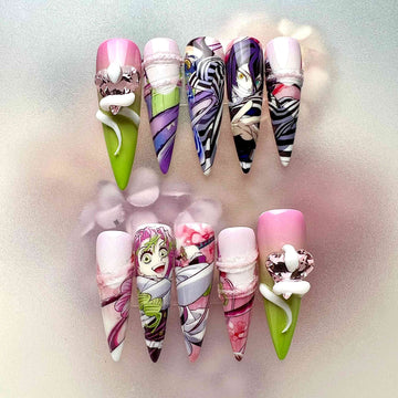 Obanai &amp; Mitsuri Nails – Demon Slayer KNY Press-On Set, 3D Snake &amp; Bow "Obamitsu" Split Design | Dragonnail