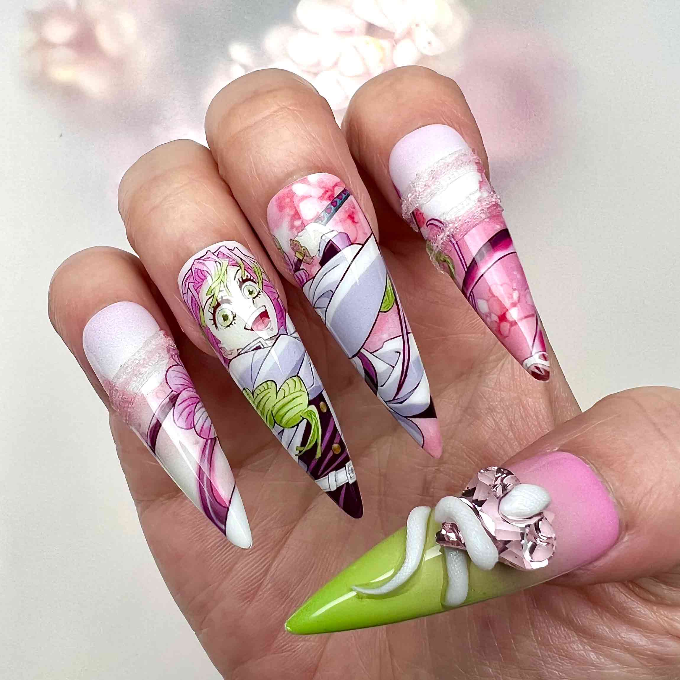 Obanai &amp; Mitsuri Nails – Demon Slayer KNY Press-On Set, 3D Snake &amp; Bow "Obamitsu" Split Design | Dragonnail