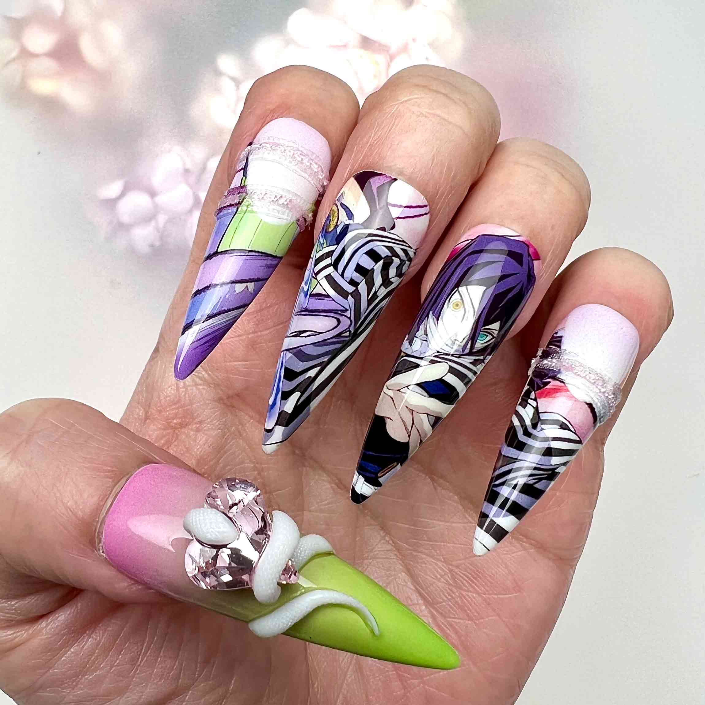 Obanai &amp; Mitsuri Nails – Demon Slayer KNY Press-On Set, 3D Snake &amp; Bow "Obamitsu" Split Design | Dragonnail