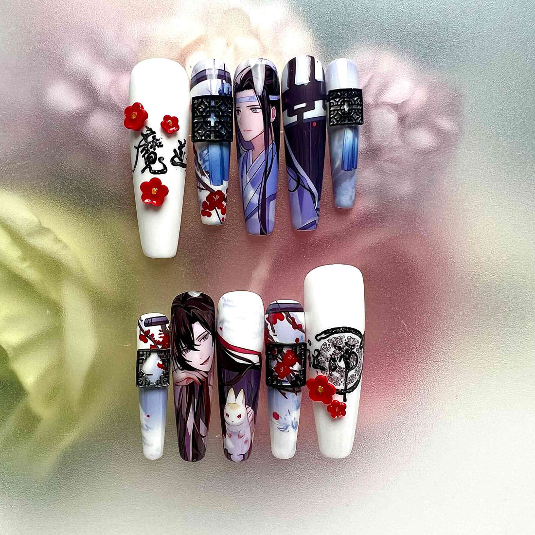 Mo Dao Zu Shi Nails – Wei Wuxian &amp; Lan Wangji Press-On Set, 3D Flower "WangXian" Donghua Design | Dragonnail