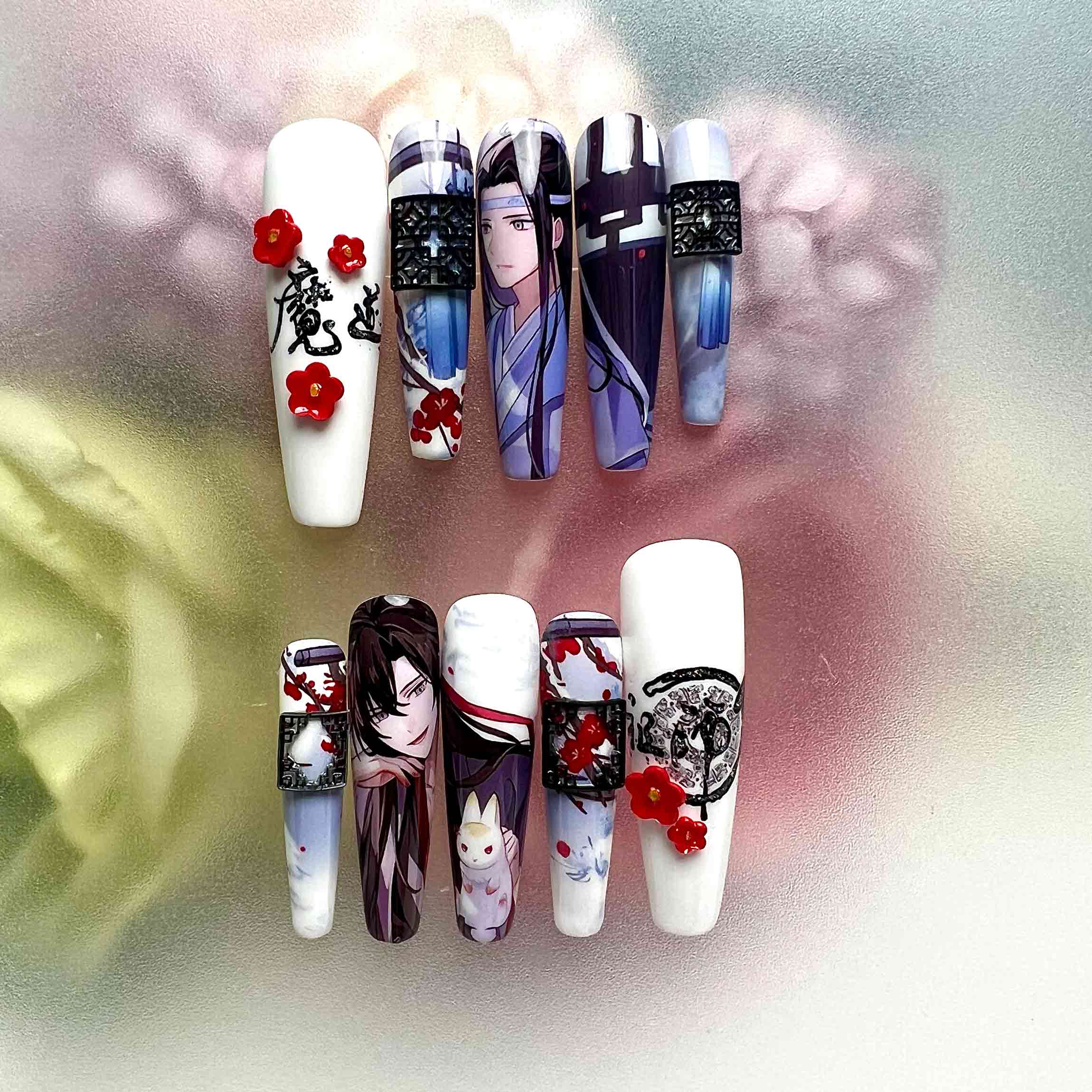 Mo Dao Zu Shi Nails – Wei Wuxian &amp; Lan Wangji Press-On Set, 3D Flower "WangXian" Donghua Design | Dragonnail