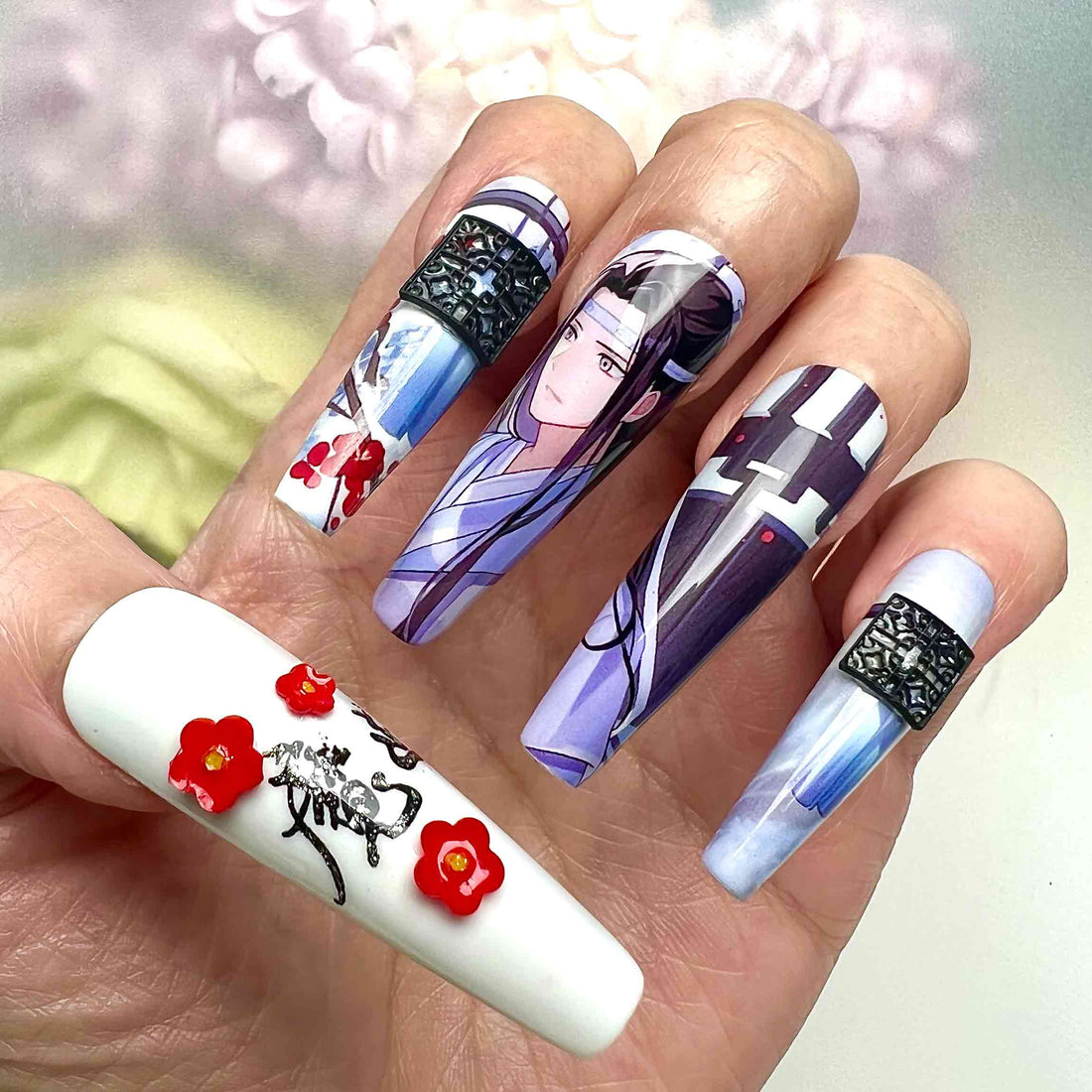 Mo Dao Zu Shi Nails – Wei Wuxian &amp; Lan Wangji Press-On Set, 3D Flower "WangXian" Donghua Design | Dragonnail