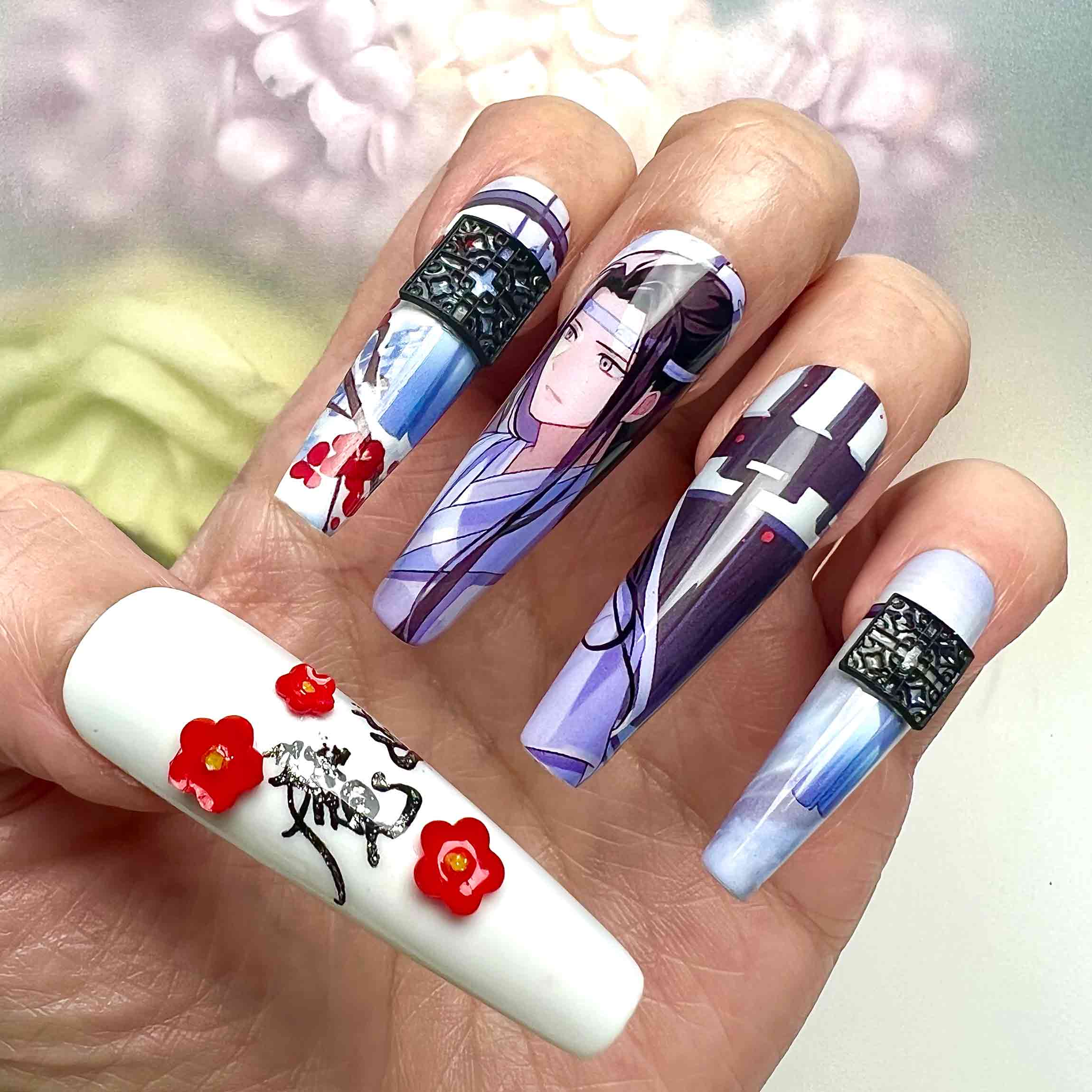Mo Dao Zu Shi Nails – Wei Wuxian &amp; Lan Wangji Press-On Set, 3D Flower "WangXian" Donghua Design | Dragonnail