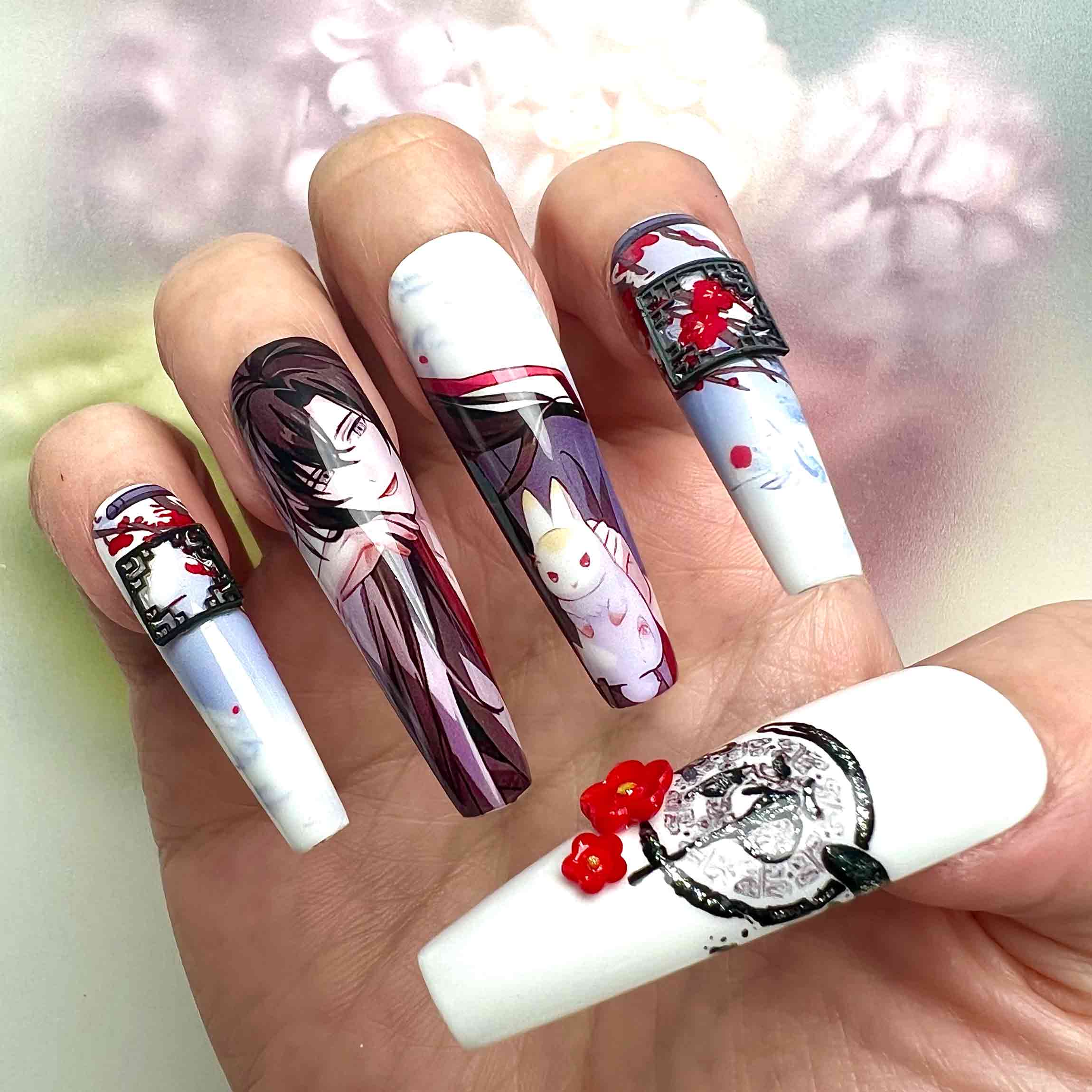 Mo Dao Zu Shi Nails – Wei Wuxian &amp; Lan Wangji Press-On Set, 3D Flower "WangXian" Donghua Design | Dragonnail