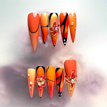 Orange Butterfly Wing Nails – Abstract Press-On Set, 3D Flower &amp; Pearl Glam Design | Dragonnail