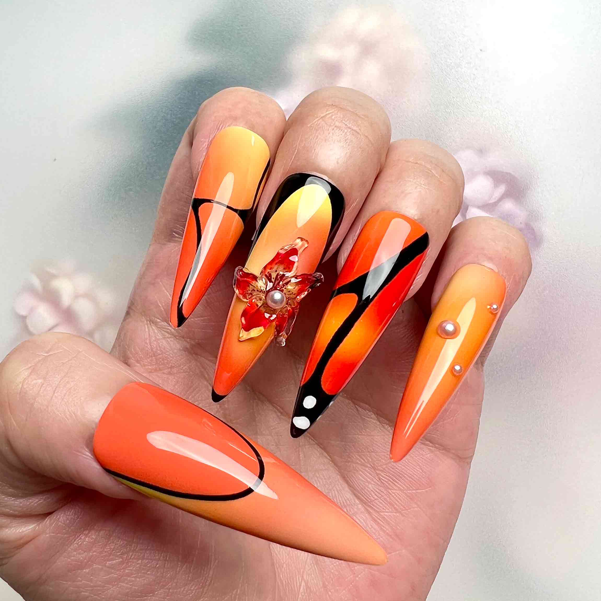 Orange Butterfly Wing Nails – Abstract Press-On Set, 3D Flower &amp; Pearl Glam Design | Dragonnail