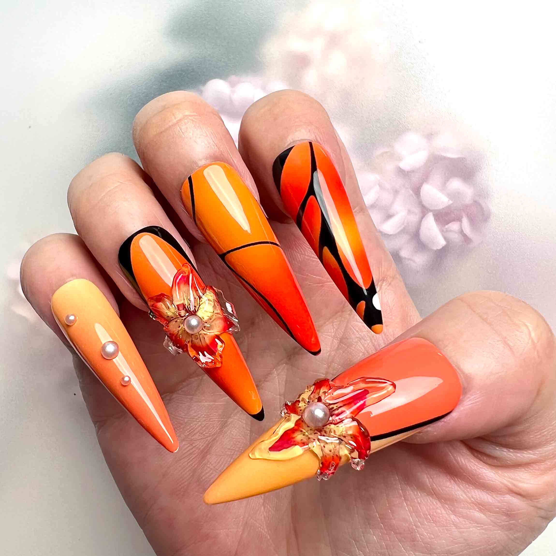 Orange Butterfly Wing Nails – Abstract Press-On Set, 3D Flower &amp; Pearl Glam Design | Dragonnail
