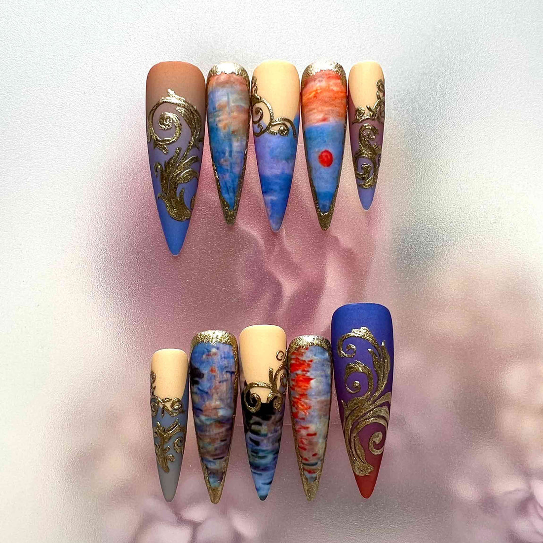 Sunset Impressionist Nails – Gold Filigree &amp; Matte Sky Ombré Press-On Design | Dragonnail
