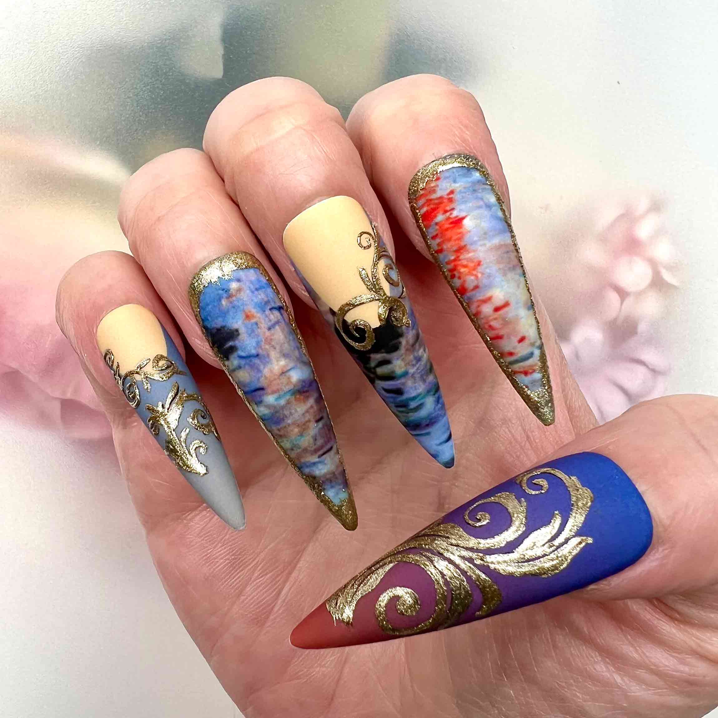 Sunset Impressionist Nails – Gold Filigree &amp; Matte Sky Ombré Press-On Design | Dragonnail