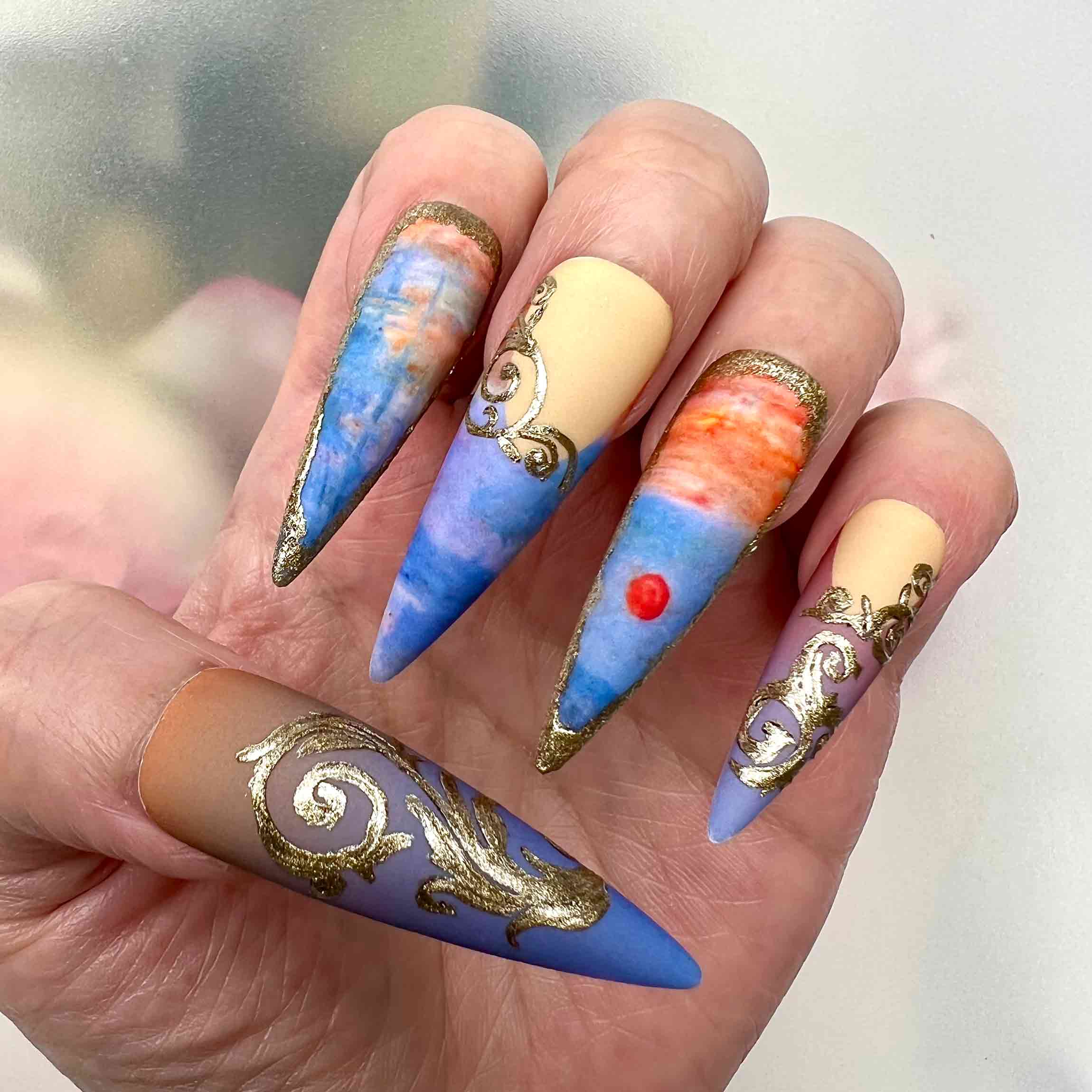 Sunset Impressionist Nails – Gold Filigree &amp; Matte Sky Ombré Press-On Design | Dragonnail