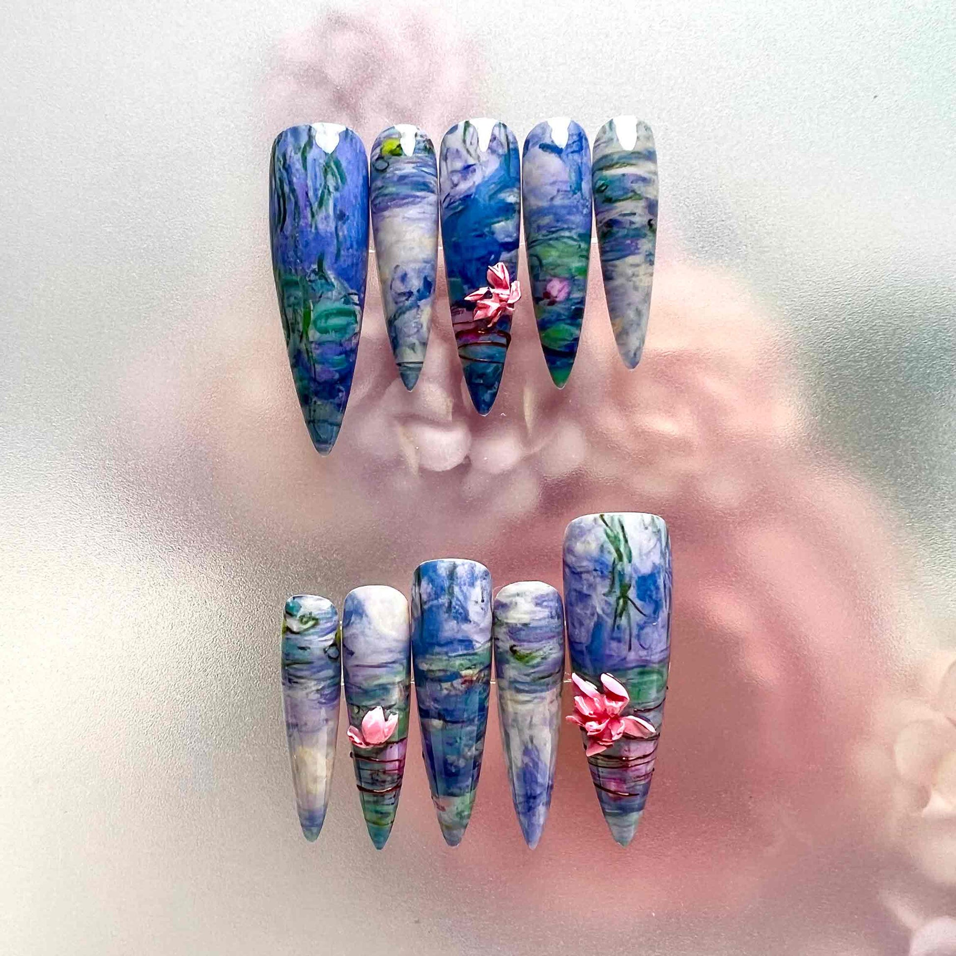 Monet's Water Lilies Nails – Famous Art Press-On Set, 3D Pink Lotus &amp; Blue Impressionist Design | Dragonnail
