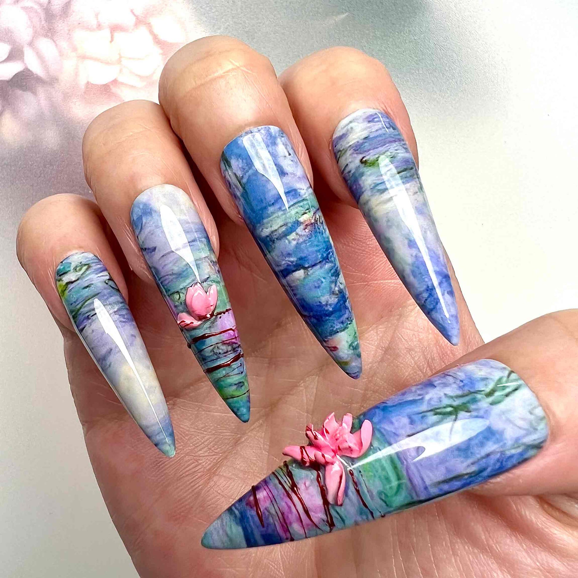 Monet's Water Lilies Nails – Famous Art Press-On Set, 3D Pink Lotus &amp; Blue Impressionist Design | Dragonnail