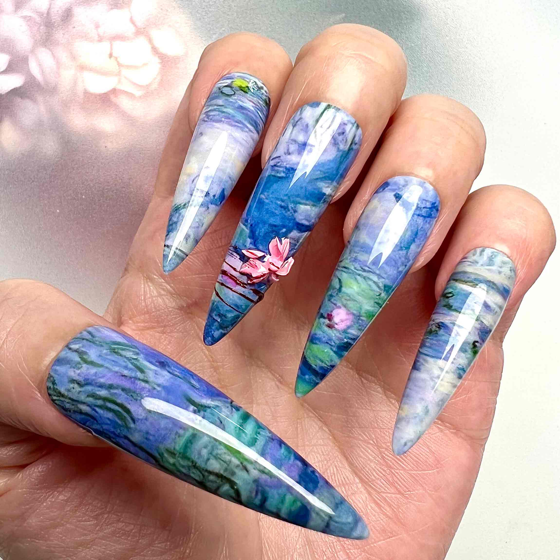 Monet's Water Lilies Nails – Famous Art Press-On Set, 3D Pink Lotus &amp; Blue Impressionist Design | Dragonnail