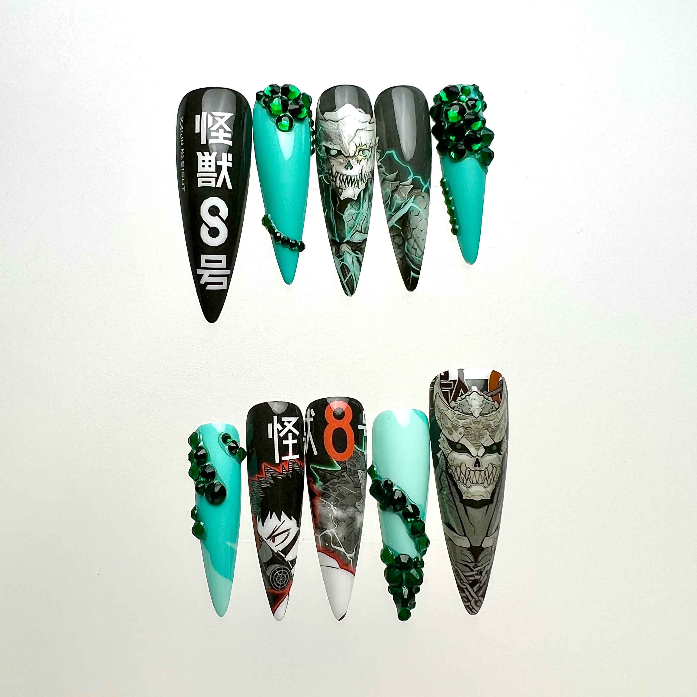 Kaiju No. 8 Nails – Anime Press-On Set, Kafka Hibino Teal &amp; 3D Gem Design | Dragonnail