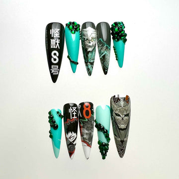 Kaiju No. 8 Nails – Anime Press-On Set, Kafka Hibino Teal &amp; 3D Gem Design | Dragonnail
