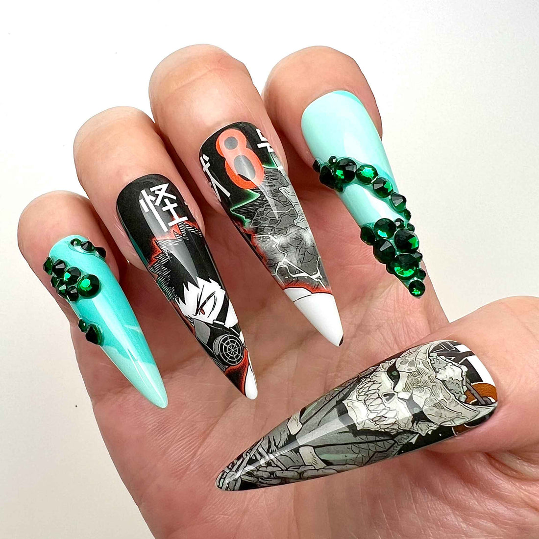 Kaiju No. 8 Nails – Anime Press-On Set, Kafka Hibino Teal &amp; 3D Gem Design | Dragonnail