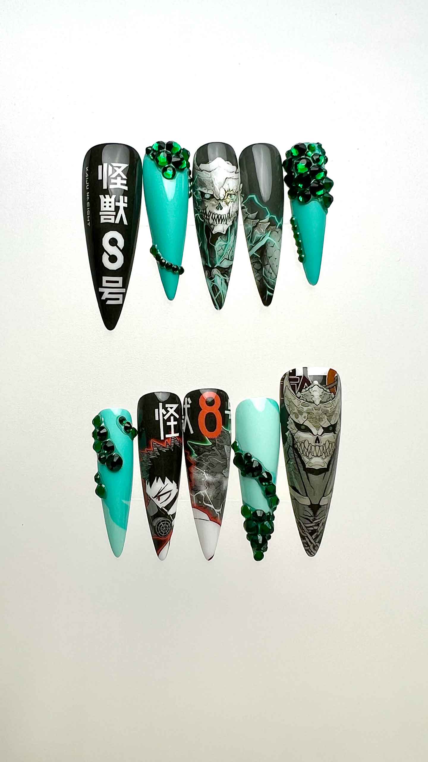 Kaiju No. 8 Nails – Anime Press-On Set, Kafka Hibino Teal &amp; 3D Gem Design | Dragonnail