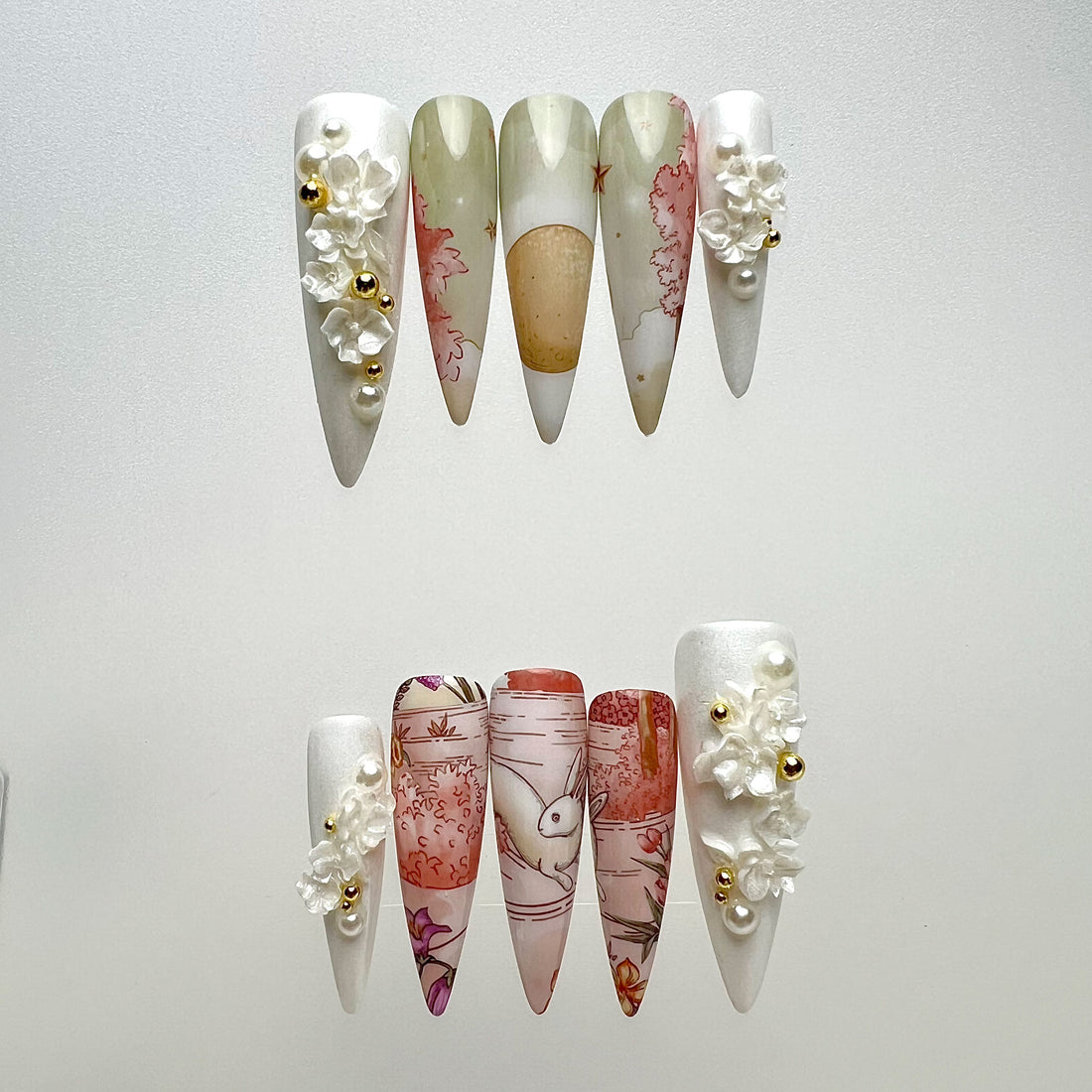 Moon Rabbit Nails – Traditional Floral Press-On Set, 3D White Flower &amp; Pearl Elegant Design | Dragonnail