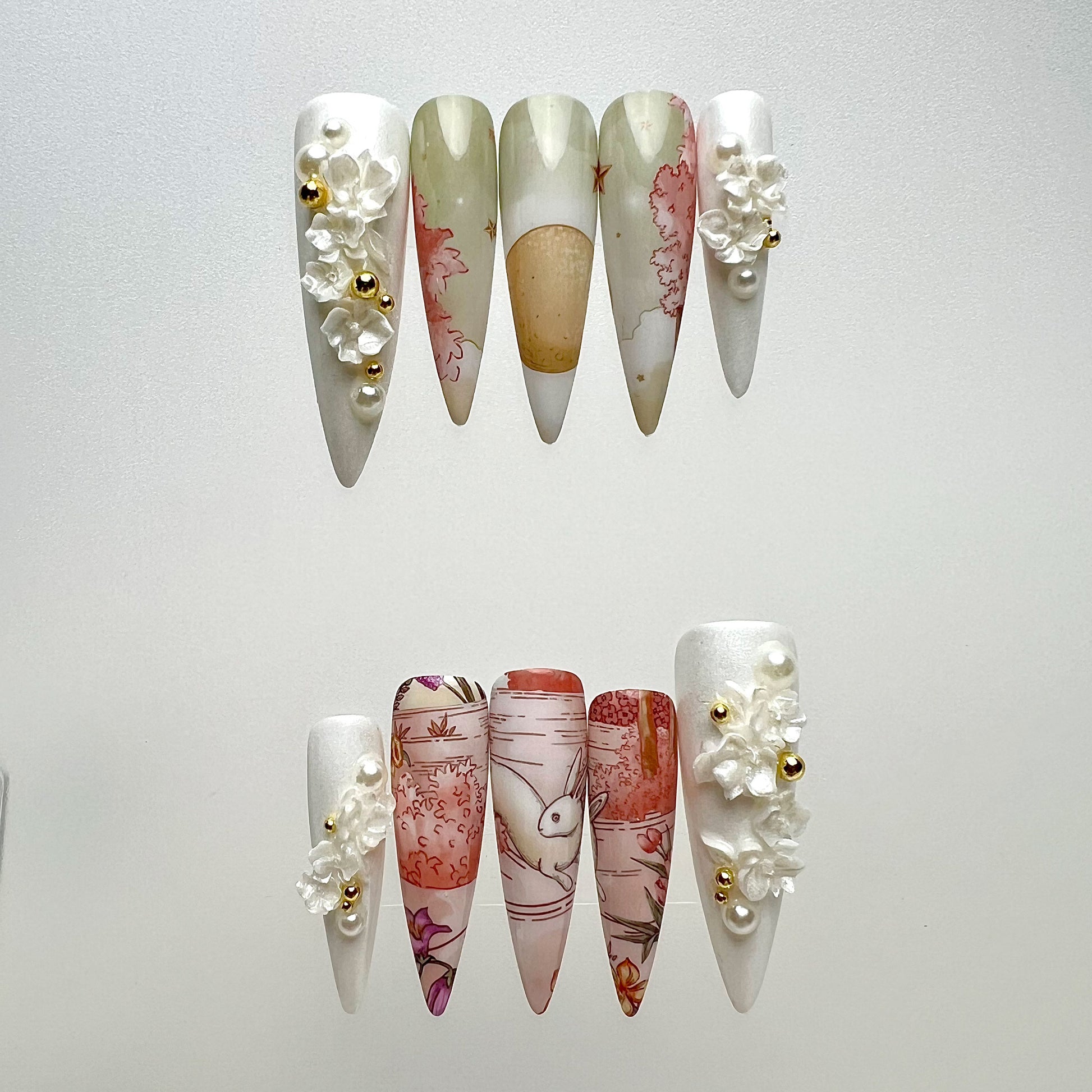 Moon Rabbit Nails – Traditional Floral Press-On Set, 3D White Flower &amp; Pearl Elegant Design | Dragonnail