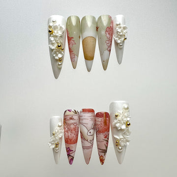 Moon Rabbit Nails – Traditional Floral Press-On Set, 3D White Flower &amp; Pearl Elegant Design | Dragonnail
