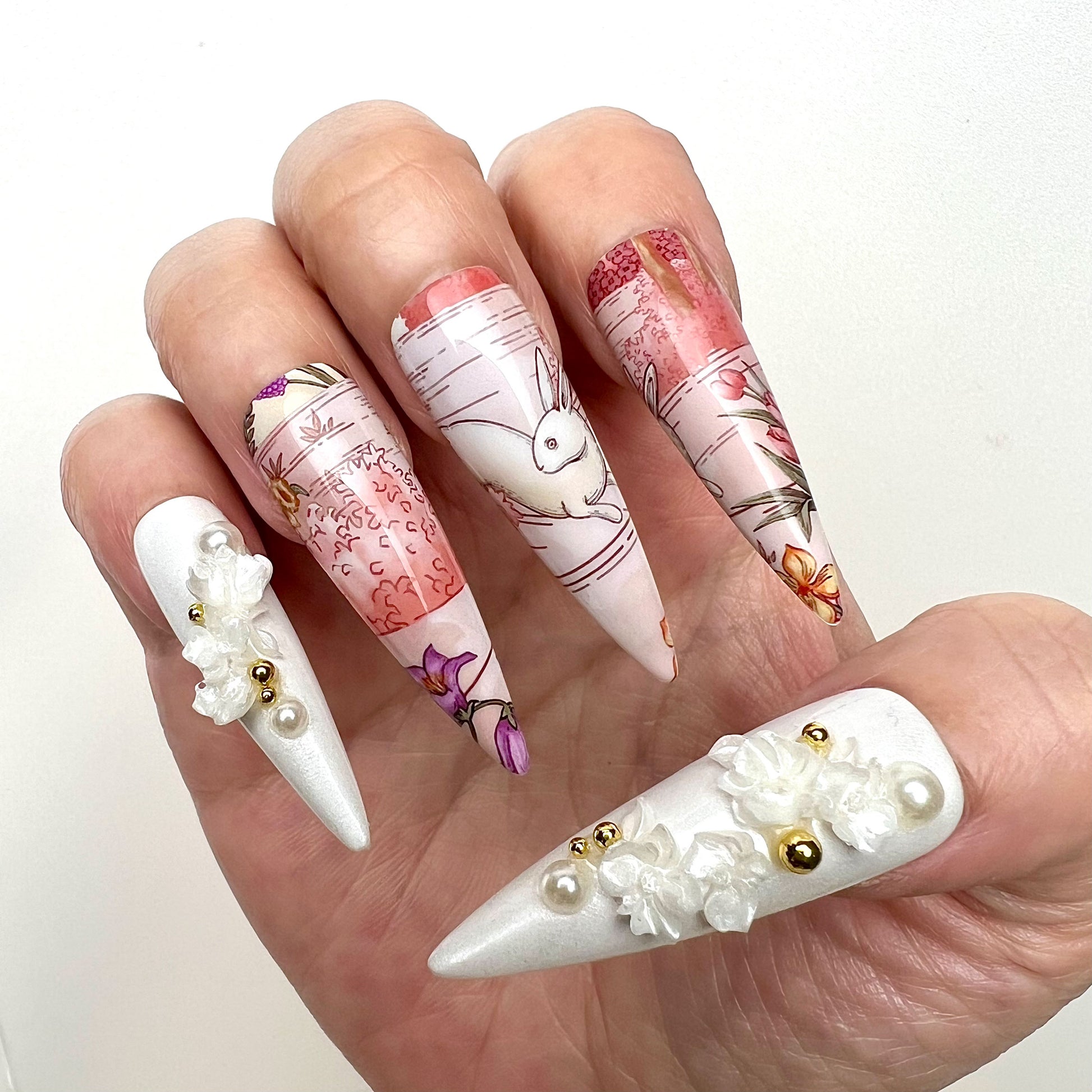 Moon Rabbit Nails – Traditional Floral Press-On Set, 3D White Flower &amp; Pearl Elegant Design | Dragonnail