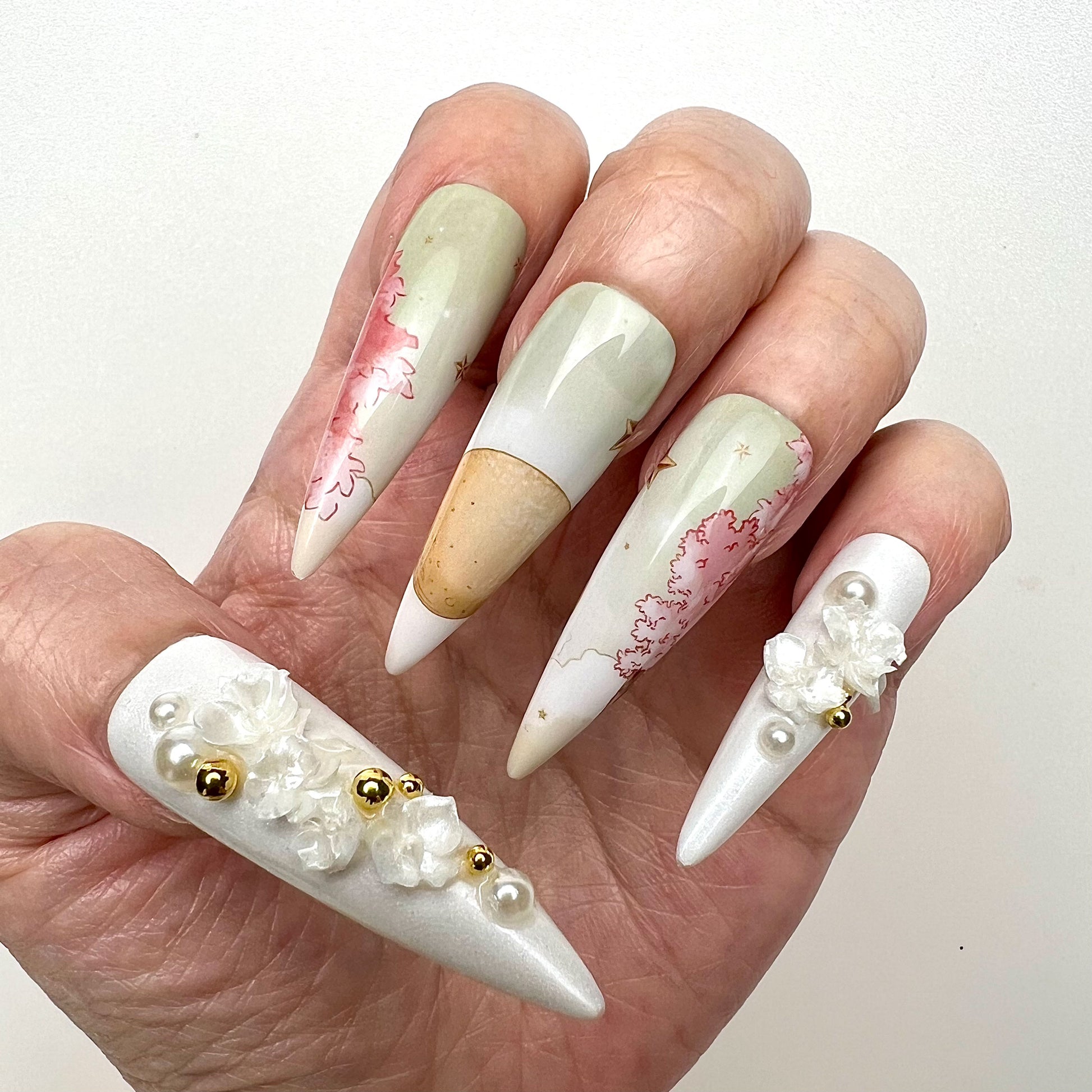 Moon Rabbit Nails – Traditional Floral Press-On Set, 3D White Flower &amp; Pearl Elegant Design | Dragonnail