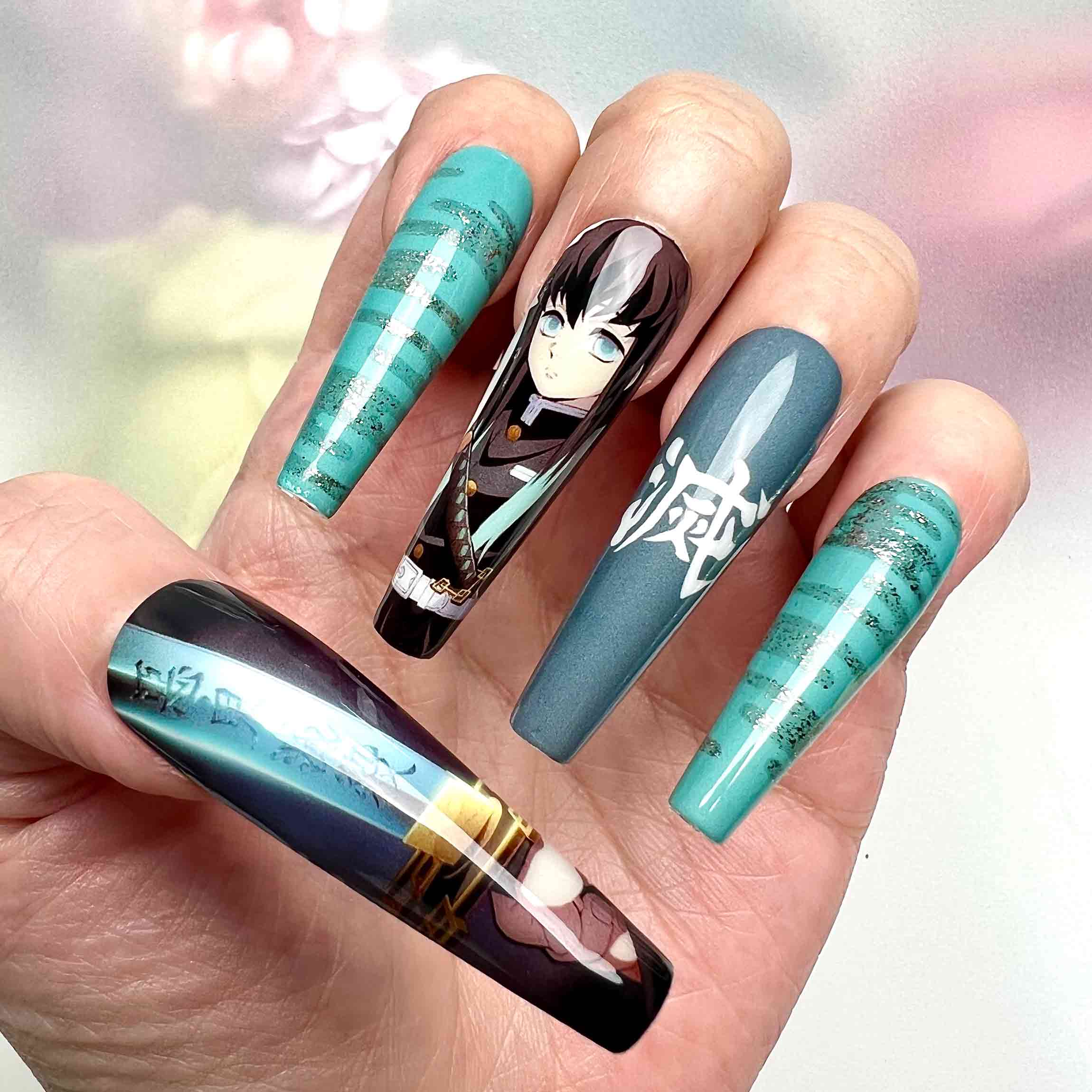 Tokito Muichiro Nails – Demon Slayer Press-On Nail Set, Mist Hashira Edition | Dragonnail