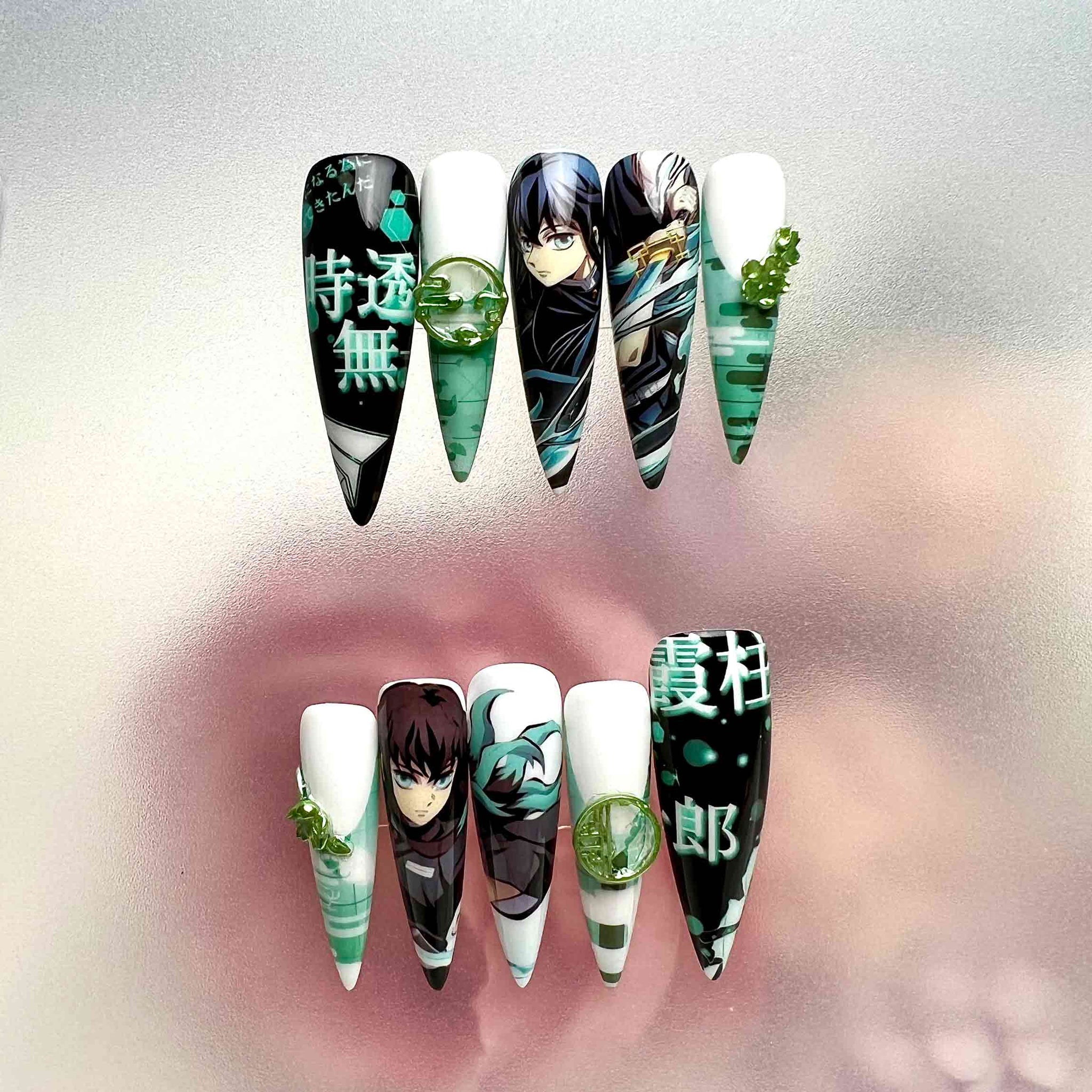 Muichiro Tokito Nails – Demon Slayer KNY Press-On Set, 3D Green Gem &amp; Mist Hashira Anime Design | Dragonnail