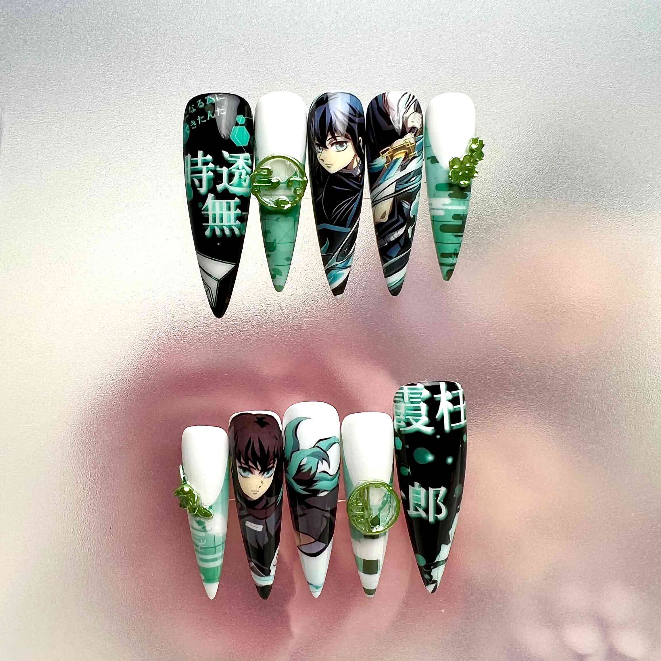 Muichiro Tokito Nails – Demon Slayer KNY Press-On Set, 3D Green Gem &amp; Mist Hashira Anime Design | Dragonnail