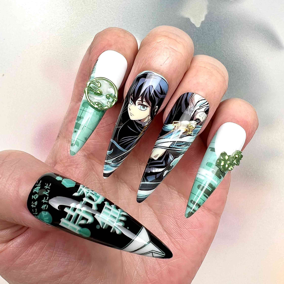 Muichiro Tokito Nails – Demon Slayer KNY Press-On Set, 3D Green Gem &amp; Mist Hashira Anime Design | Dragonnail