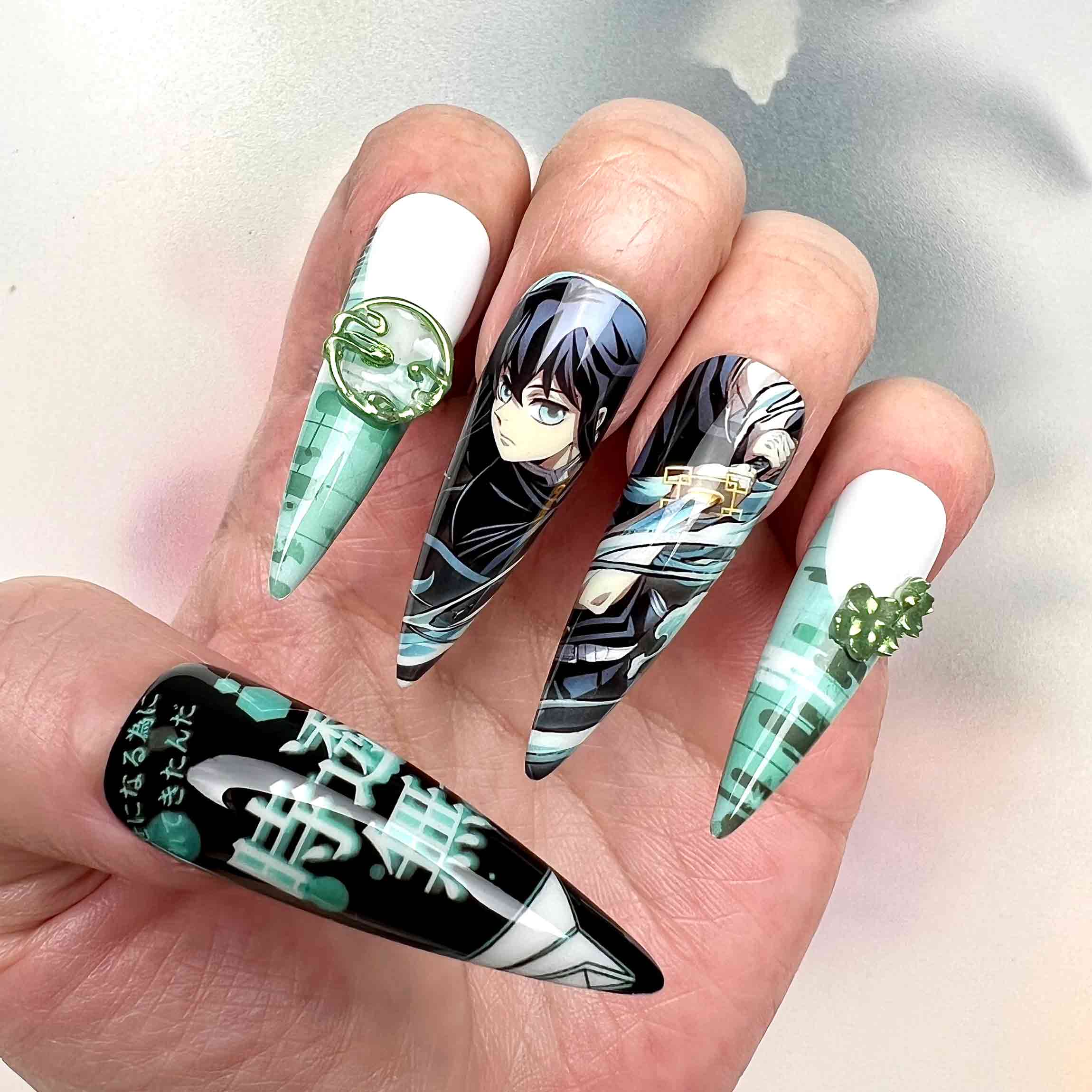 Muichiro Tokito Nails – Demon Slayer KNY Press-On Set, 3D Green Gem &amp; Mist Hashira Anime Design | Dragonnail