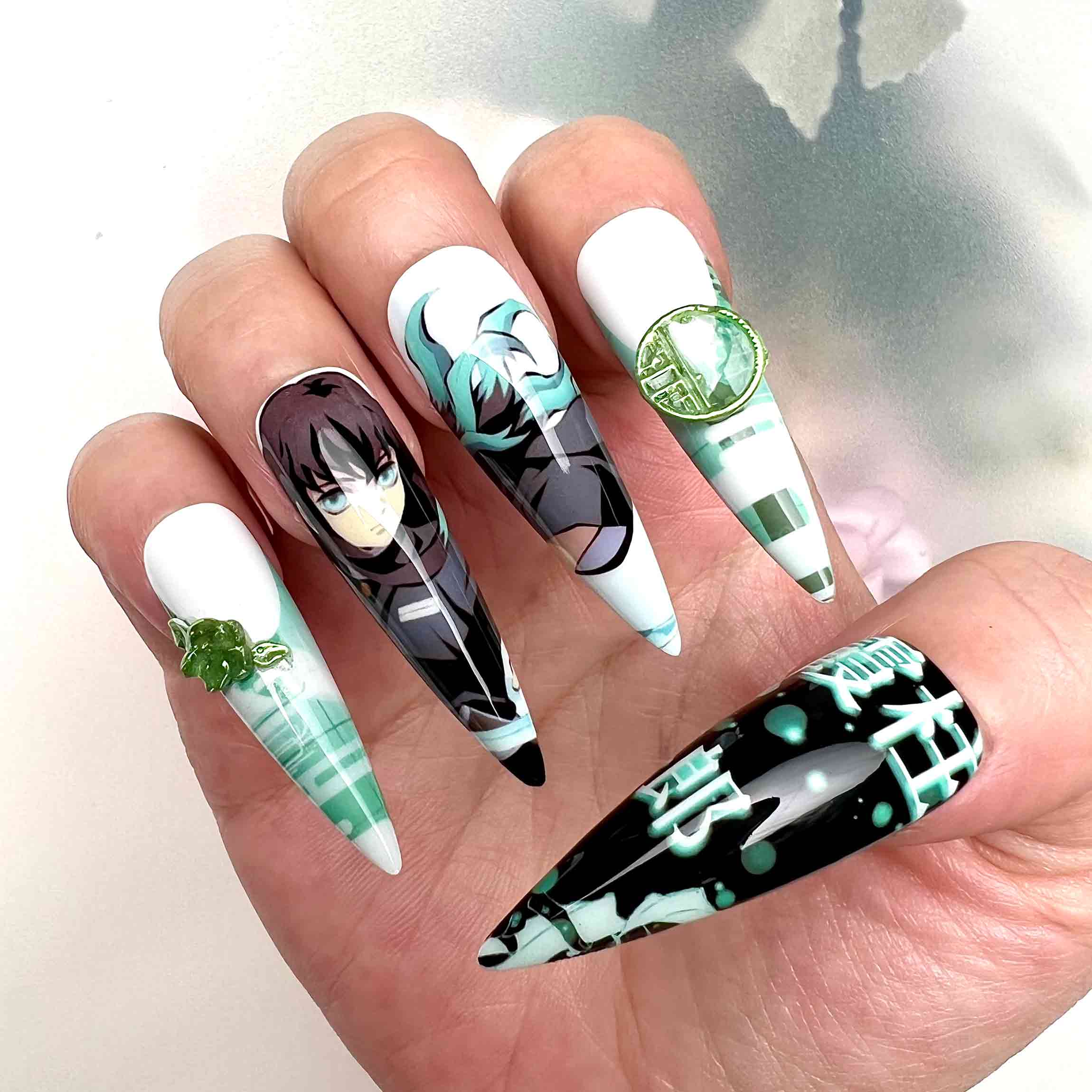 Muichiro Tokito Nails – Demon Slayer KNY Press-On Set, 3D Green Gem &amp; Mist Hashira Anime Design | Dragonnail