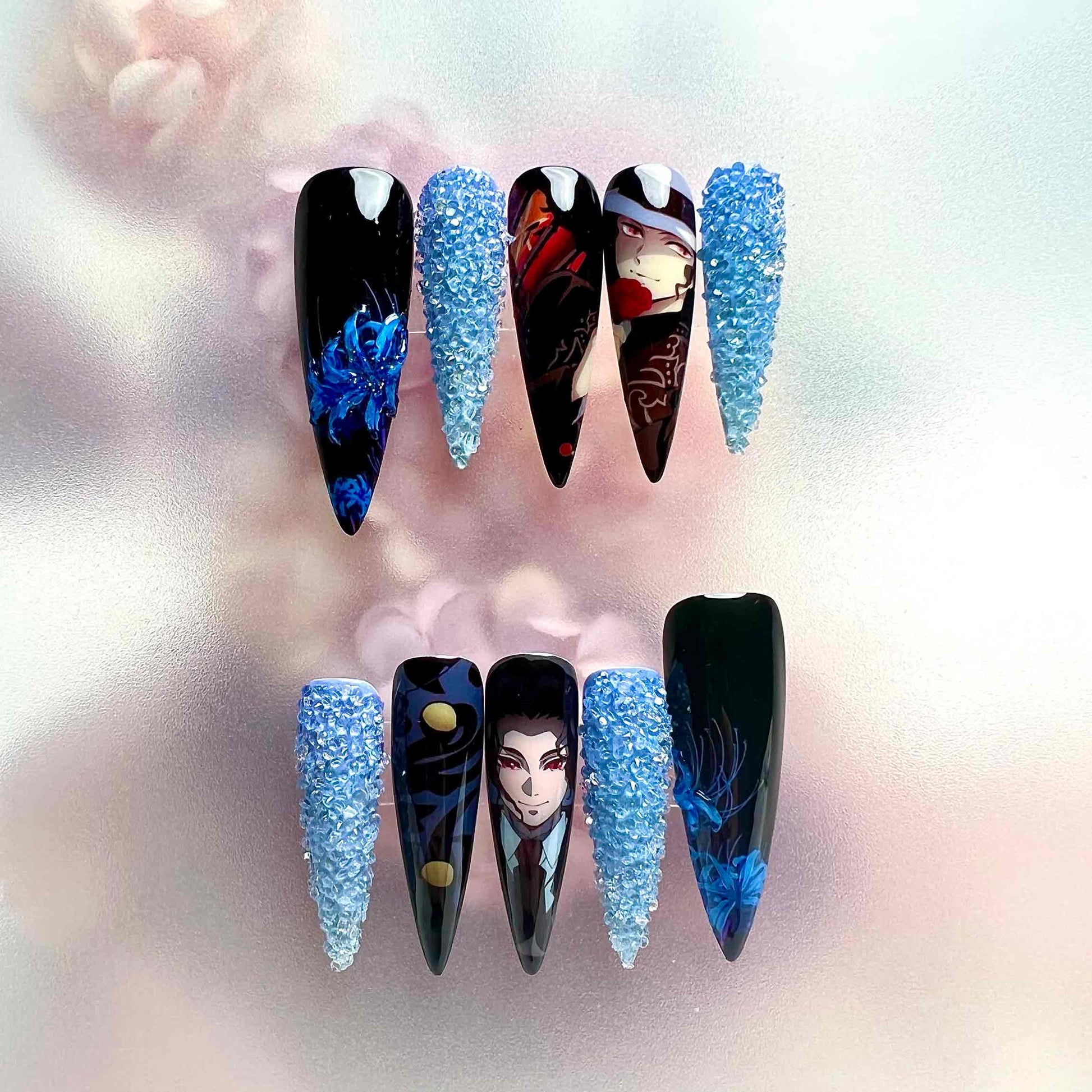 Muzan Kibutsuji Nails – Demon Slayer KNY Press-On Set, 3D Blue Crystal &amp; Spider Lily Design | Dragonnail