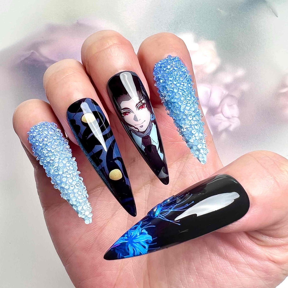Muzan Kibutsuji Nails – Demon Slayer KNY Press-On Set, 3D Blue Crystal &amp; Spider Lily Design | Dragonnail