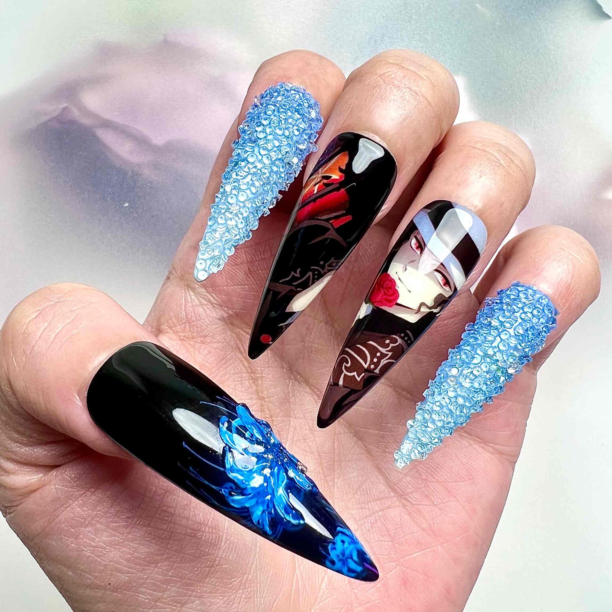 Muzan Kibutsuji Nails – Demon Slayer KNY Press-On Set, 3D Blue Crystal &amp; Spider Lily Design | Dragonnail