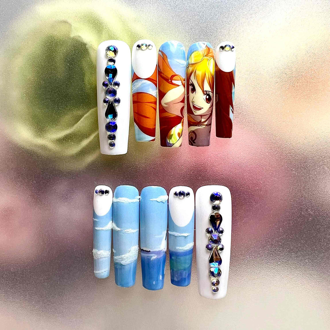 Nami Nails – One Piece Anime Press-On Set, 3D Blue Gem &amp; Sea Voyage Navigator Design | Dragonnail