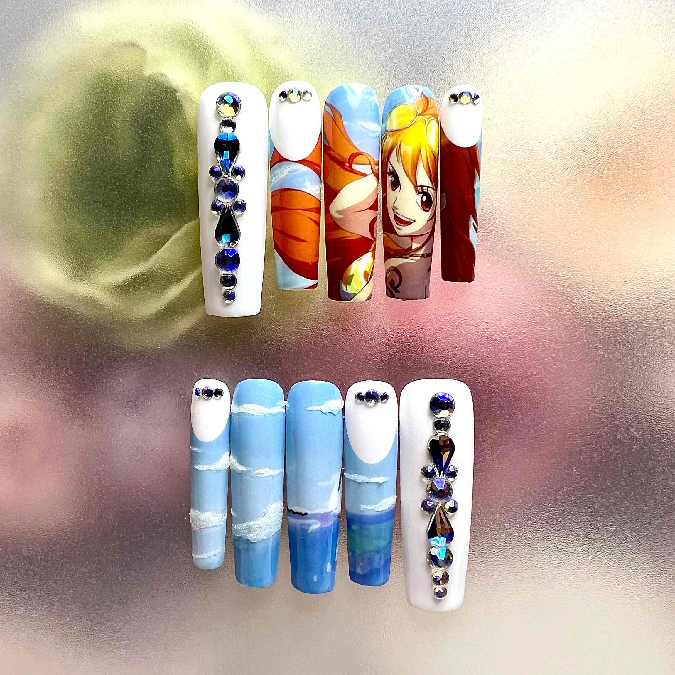 Nami Nails – One Piece Anime Press-On Set, 3D Blue Gem &amp; Sea Voyage Navigator Design | Dragonnail