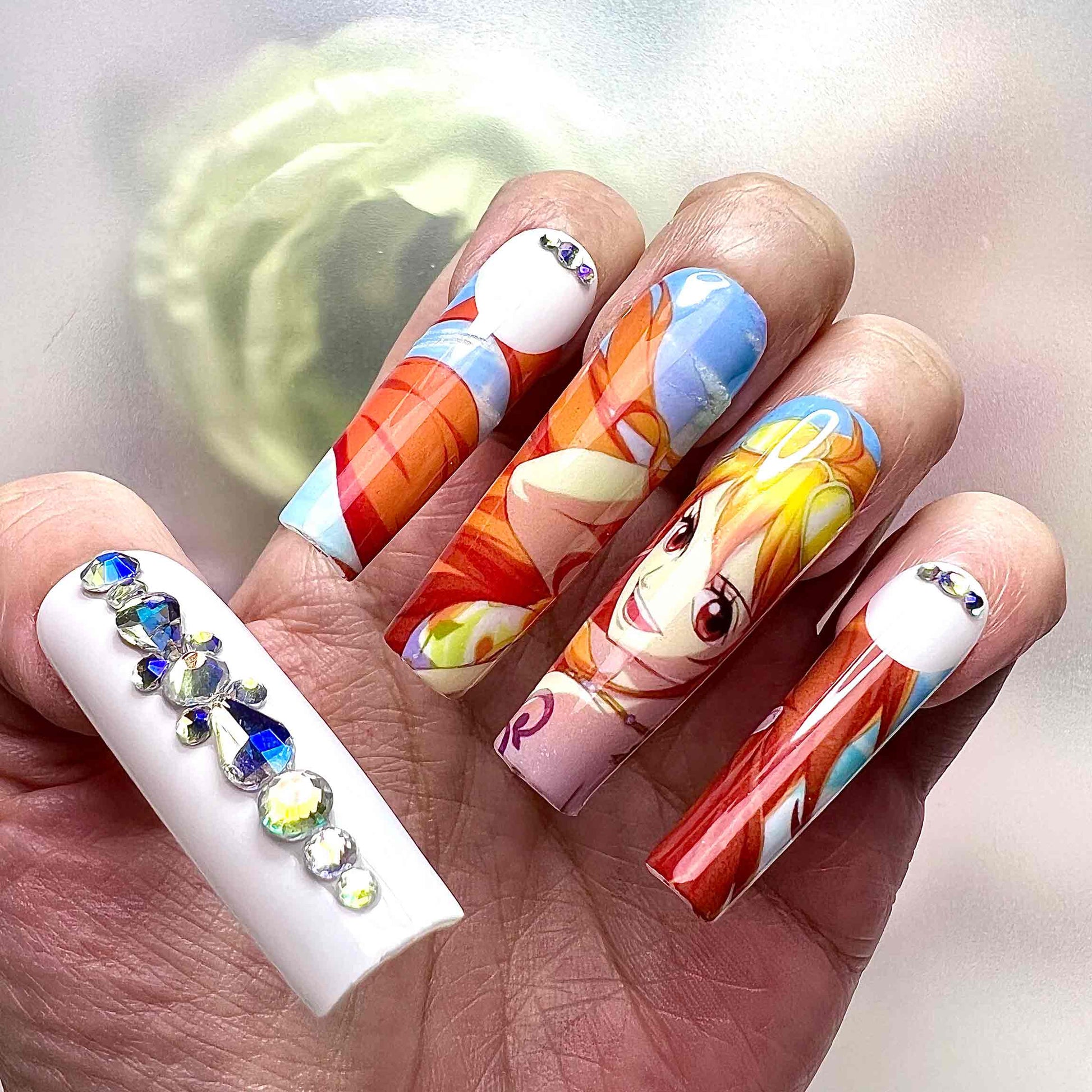 Nami Nails – One Piece Anime Press-On Set, 3D Blue Gem &amp; Sea Voyage Navigator Design | Dragonnail