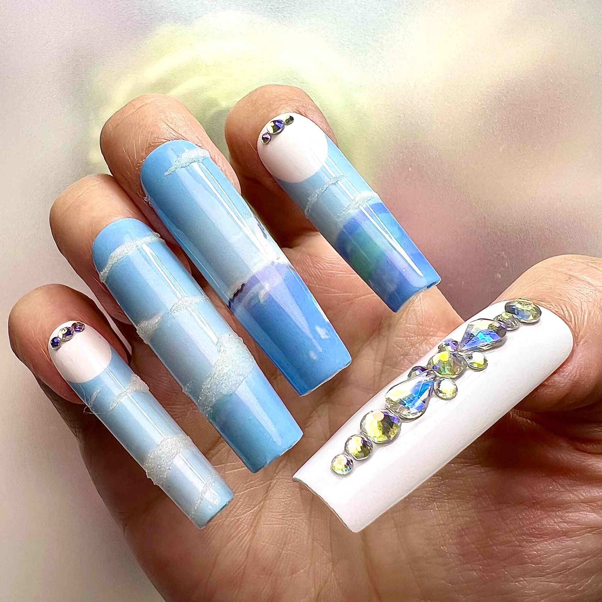 Nami Nails – One Piece Anime Press-On Set, 3D Blue Gem &amp; Sea Voyage Navigator Design | Dragonnail