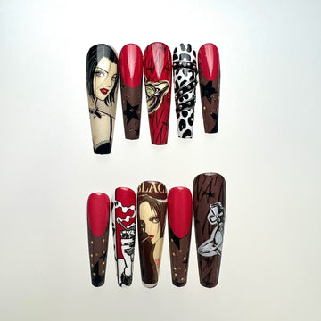 NANA Nails – Nana Osaki Press-On Set, Red &amp; Black Y2K Punk Anime Design | Dragonnail