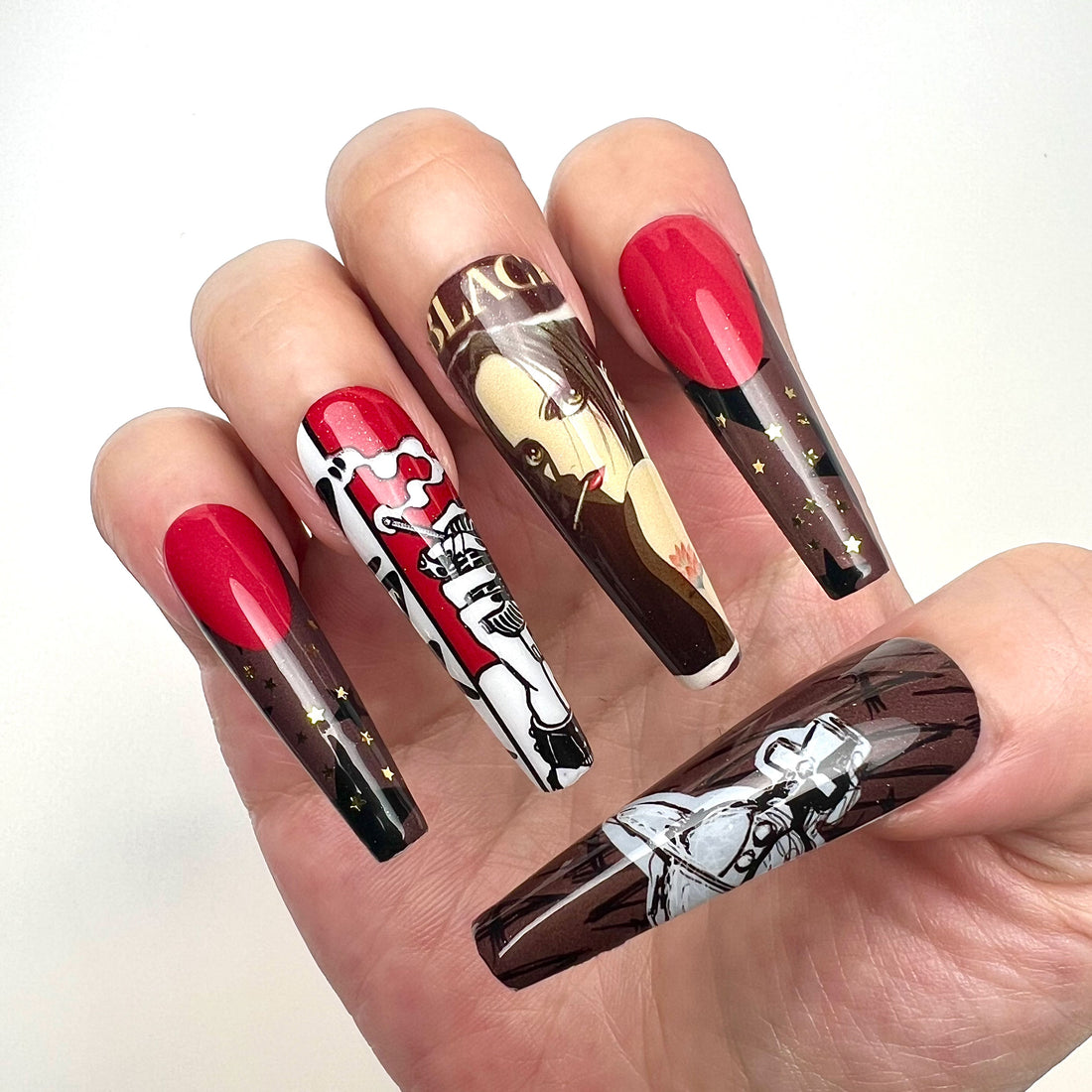 NANA Nails – Nana Osaki Press-On Set, Red &amp; Black Y2K Punk Anime Design | Dragonnail