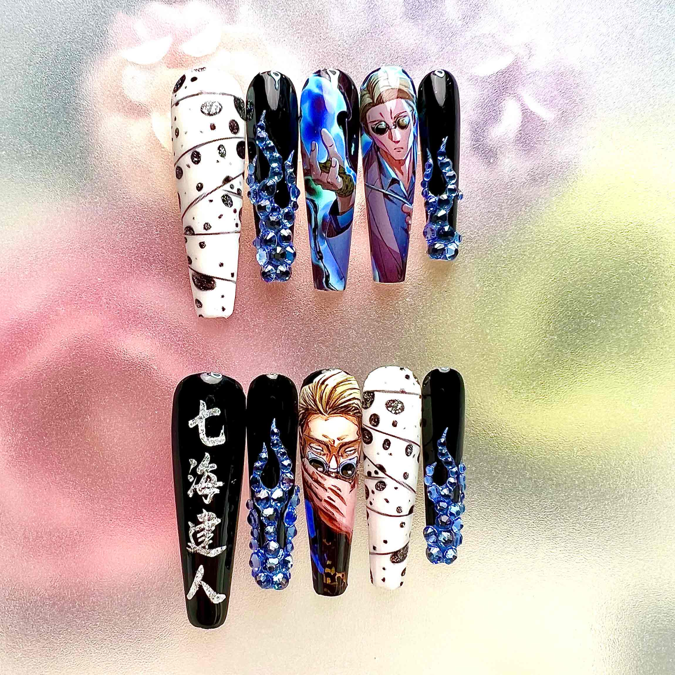 Kento Nanami Nails – Jujutsu Kaisen JJK Press-On Set, 3D Blue Gem &amp; Cursed Tool Anime Design | Dragonnail