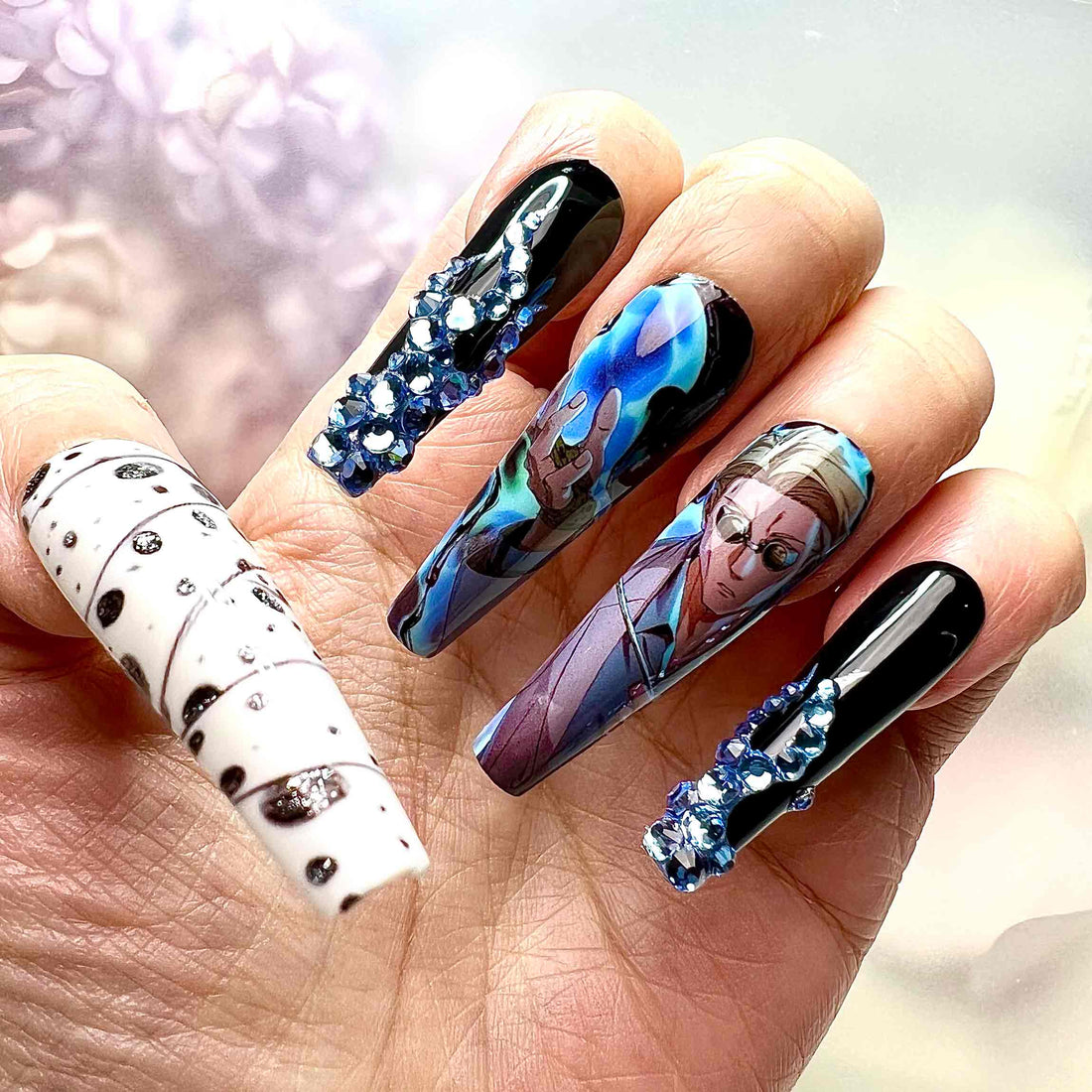 Kento Nanami Nails – Jujutsu Kaisen JJK Press-On Set, 3D Blue Gem &amp; Cursed Tool Anime Design | Dragonnail